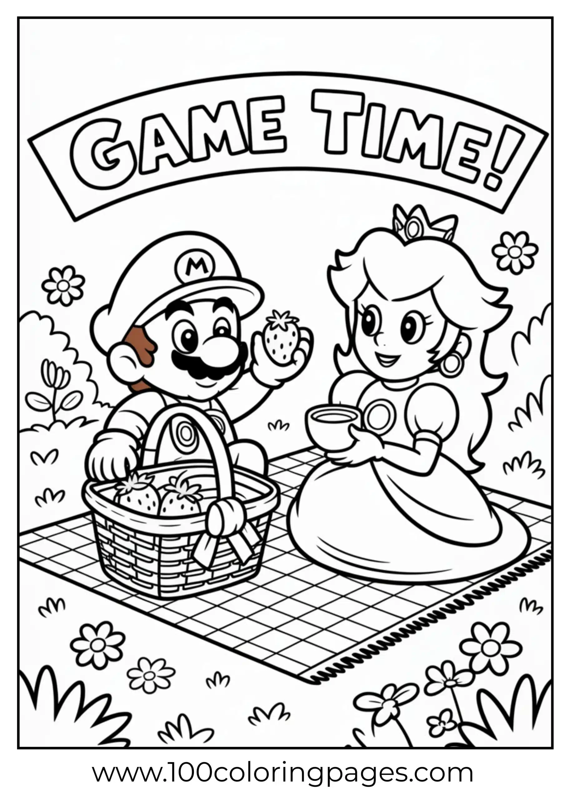 Mario and Princess Peach having a picnic in a cute cartoon layout