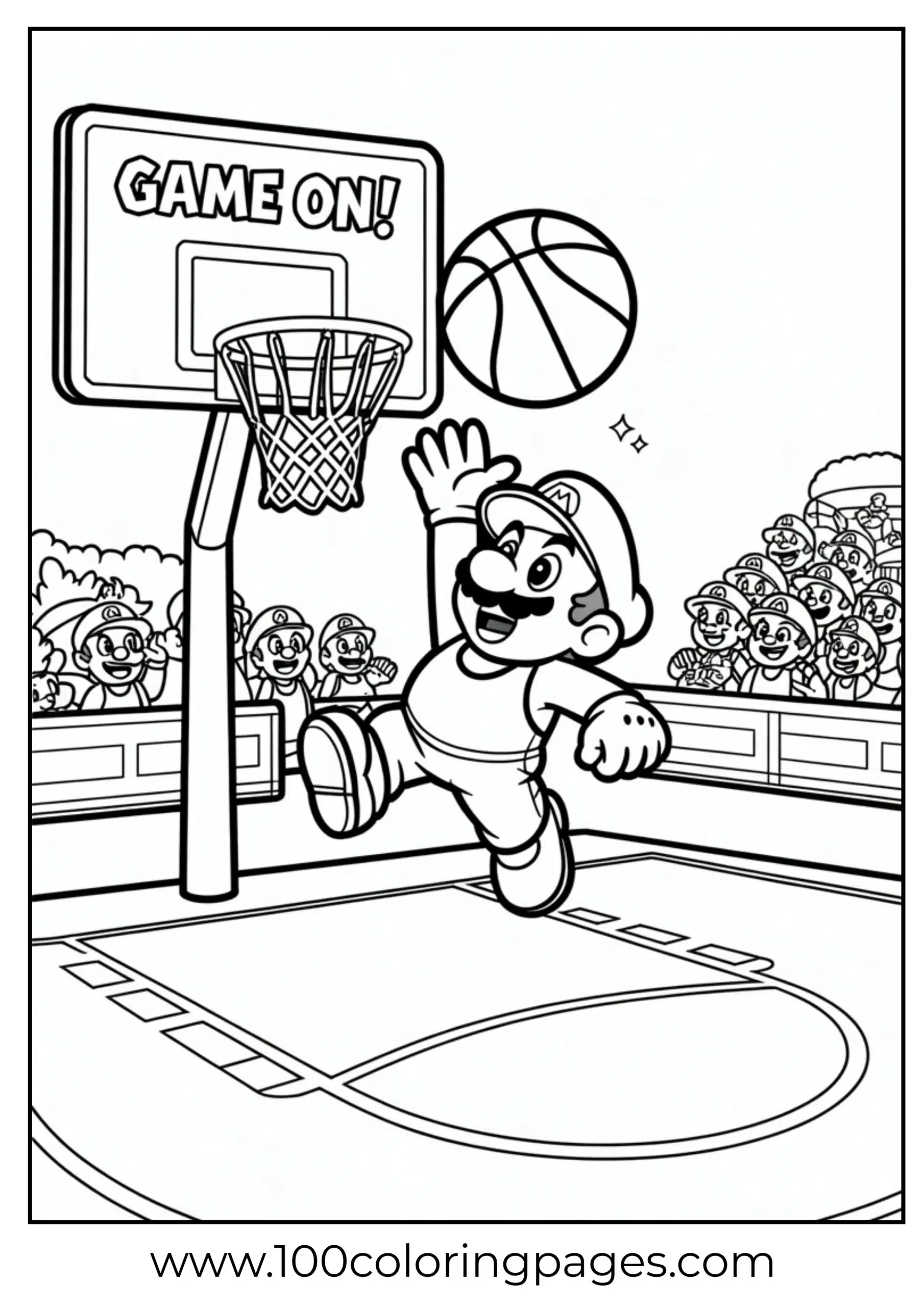 Mario in action shooting a basketball in cartoon form