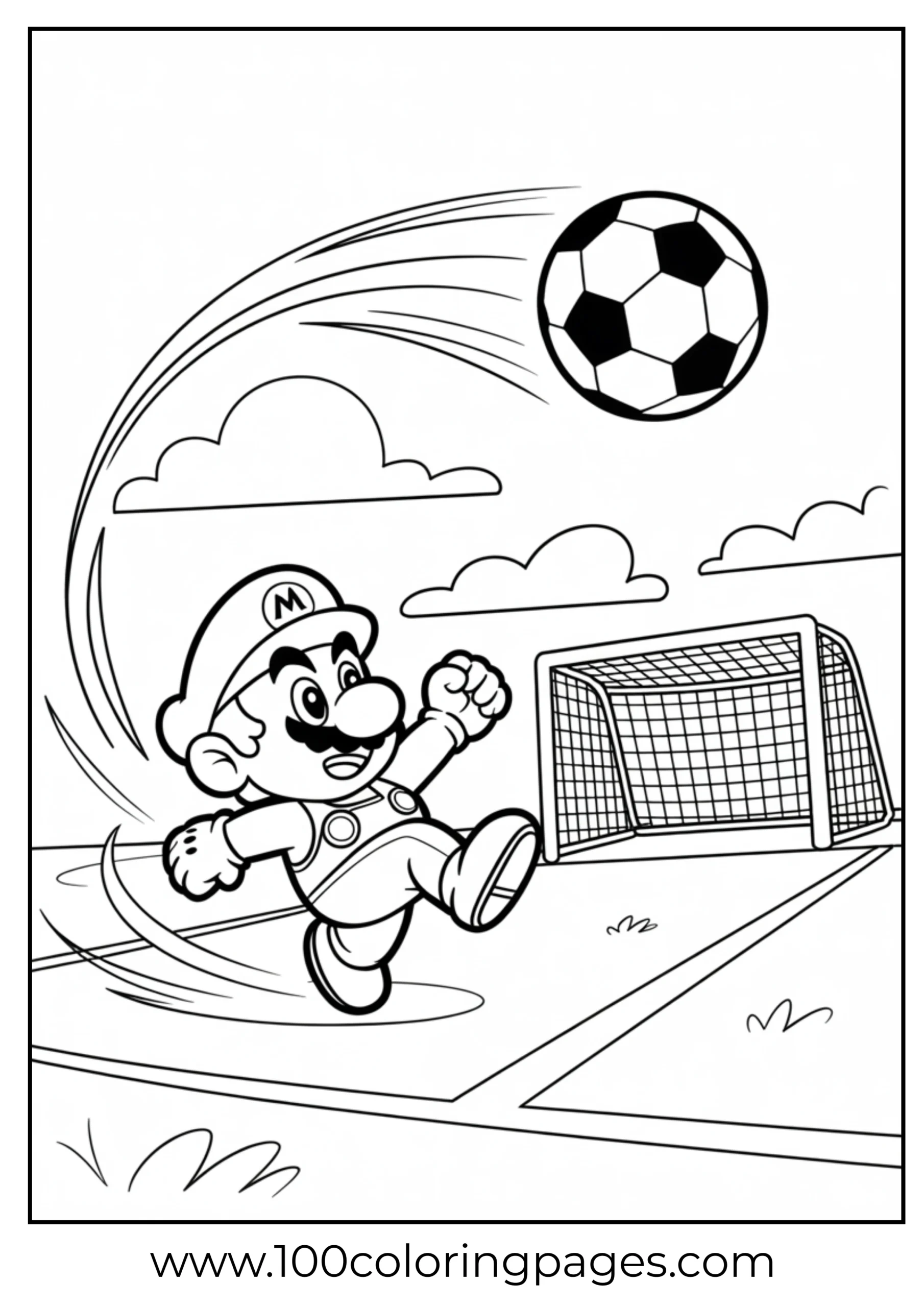 Mario kicking a soccer ball for kids to color