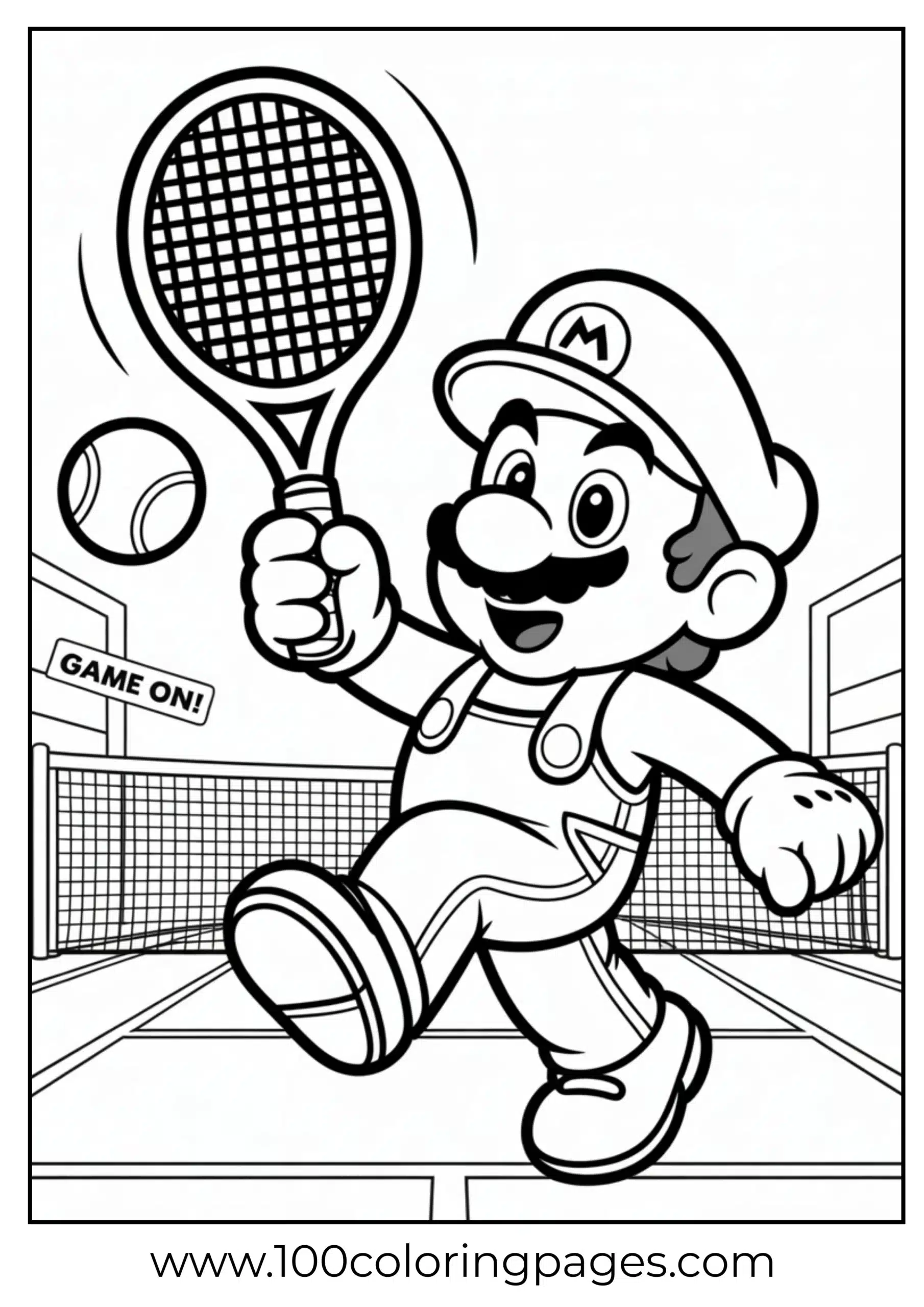 Mario in tennis gear hitting the ball for kids to color