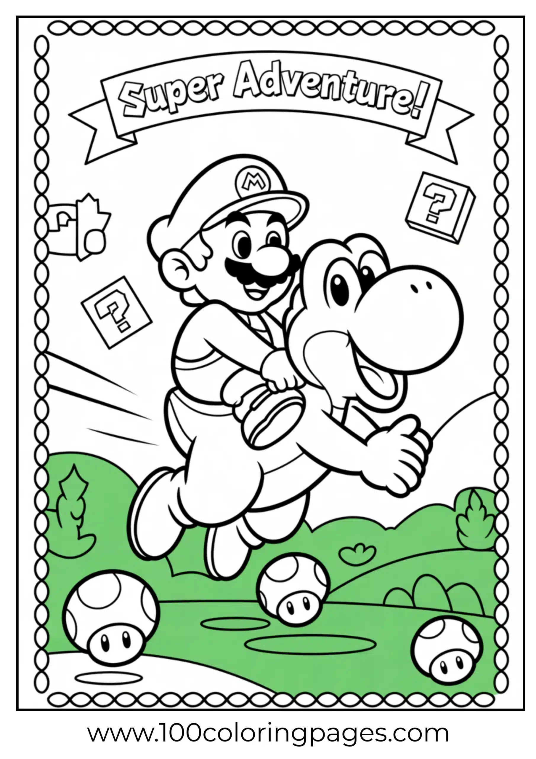 Mario riding Yoshi in a cartoon coloring page