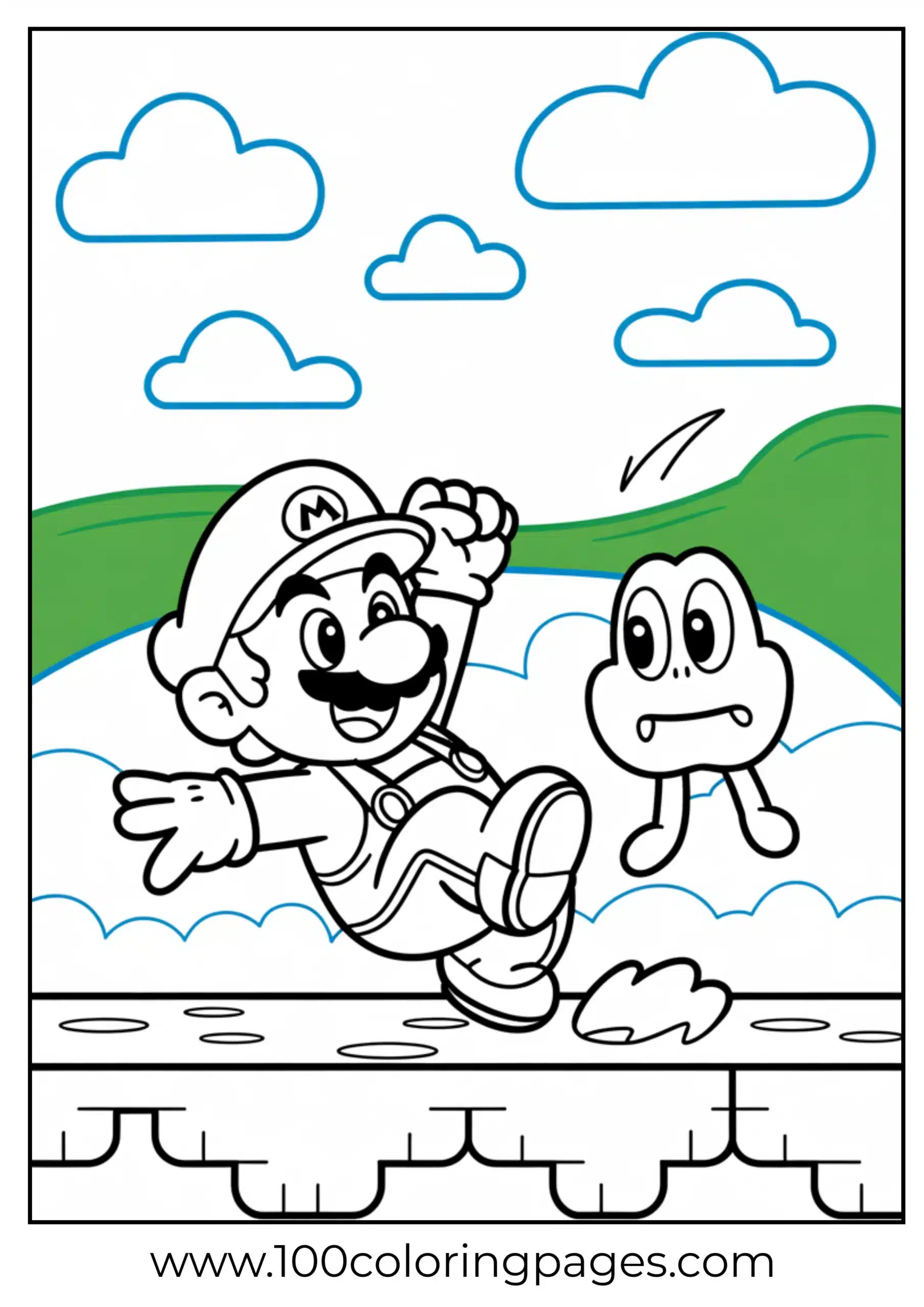 Mario stomping on a Goomba in black-and-white layout