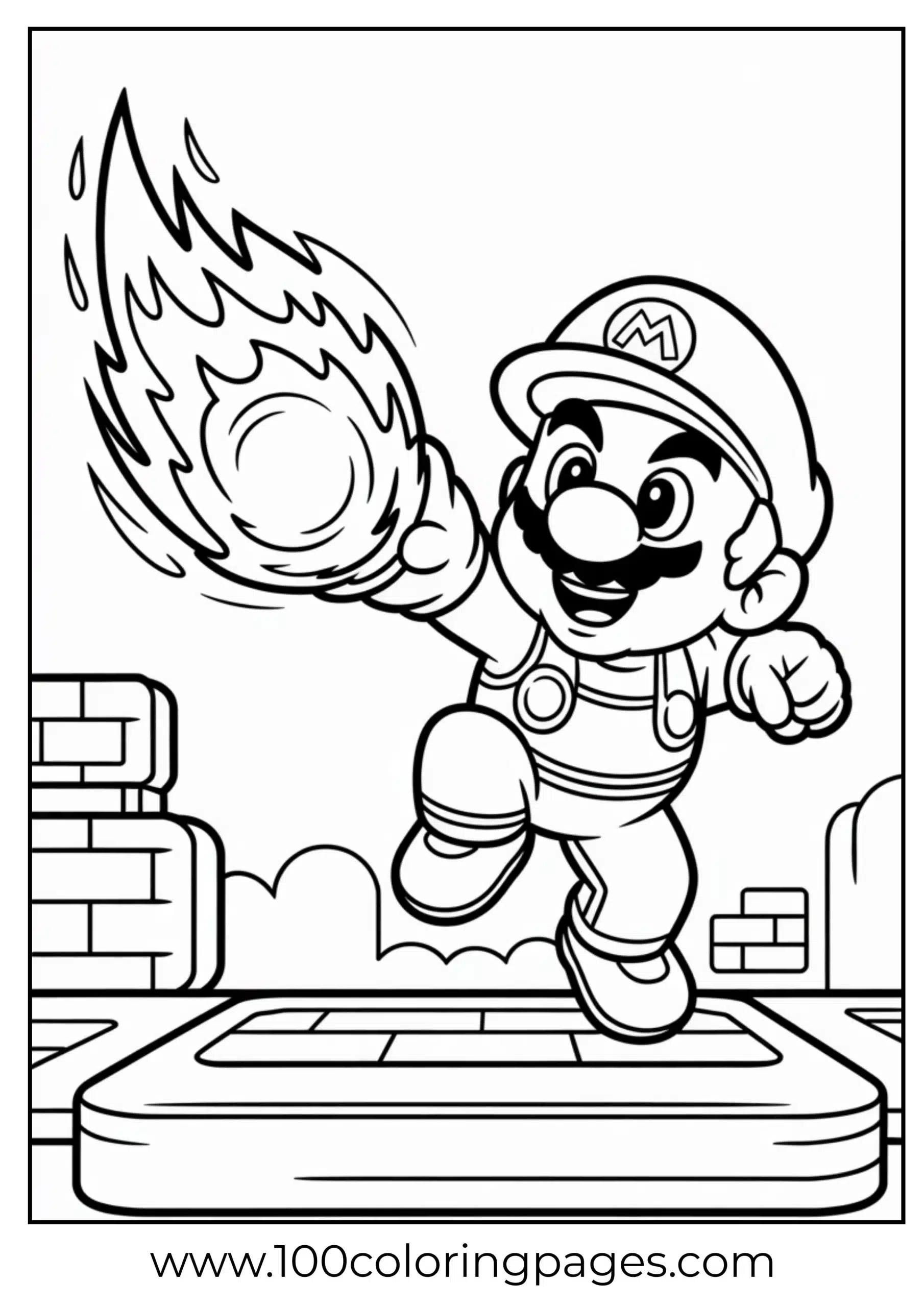 Mario in fire suit throwing a fireball coloring page