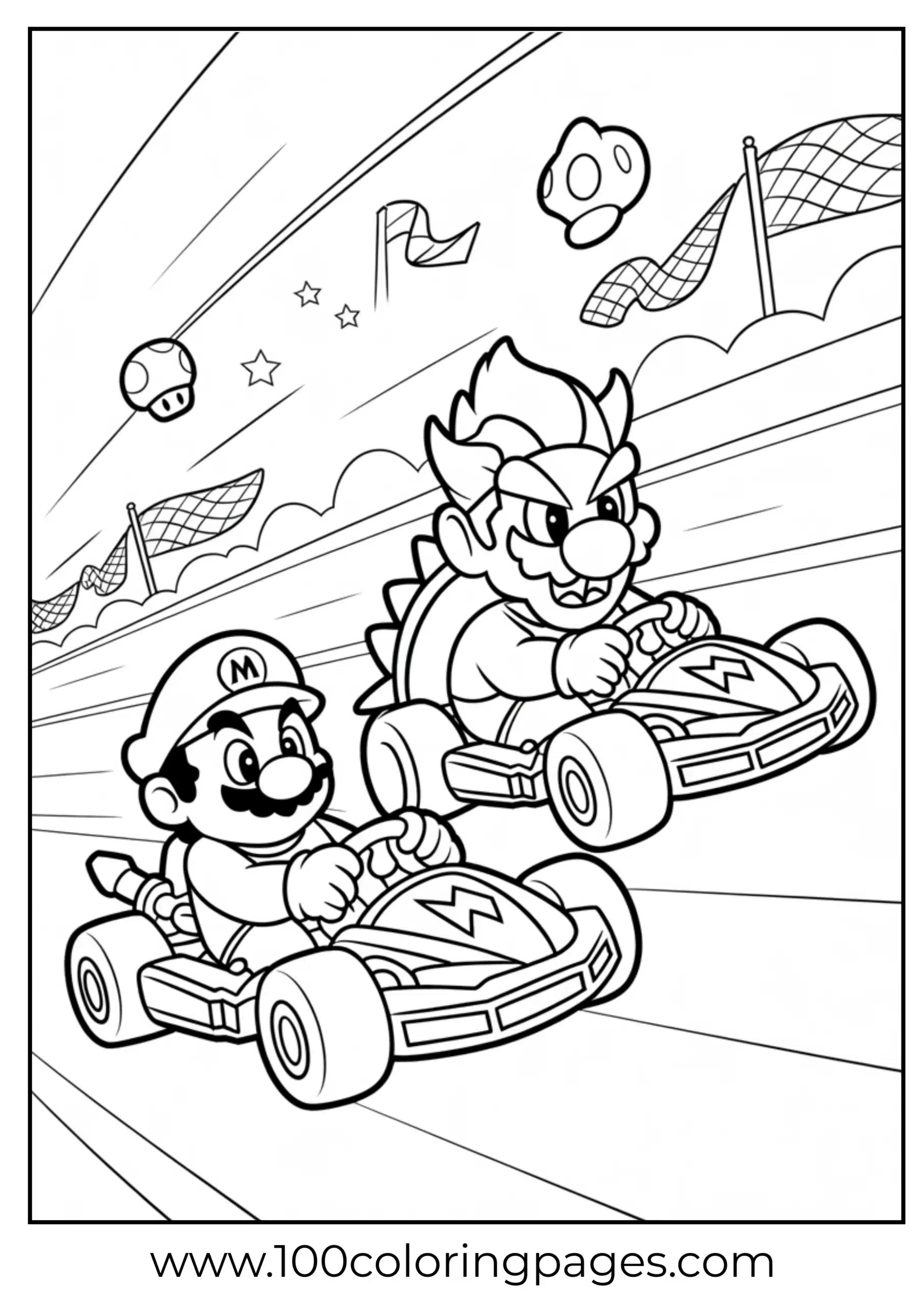 Mario and Bowser racing in karts for kids to color