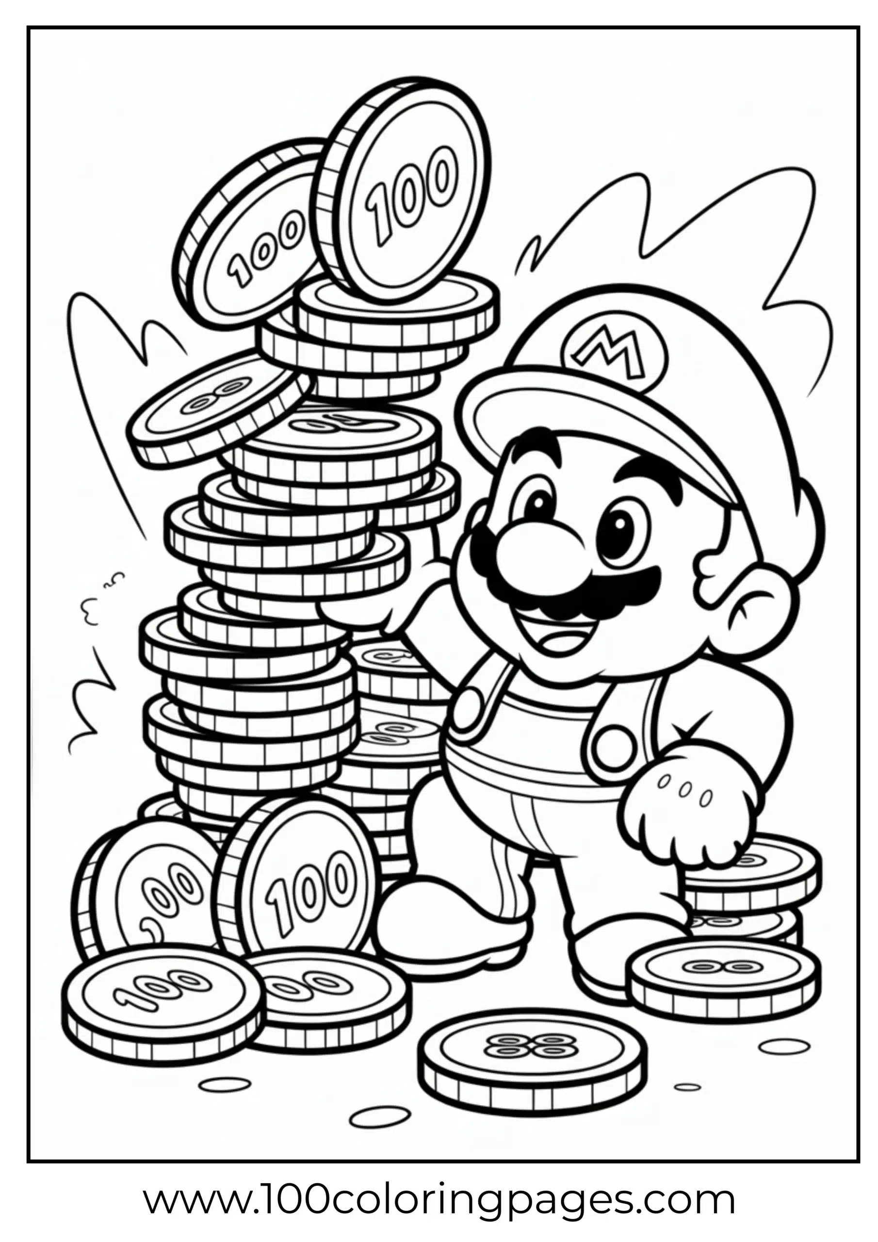 Mario surrounded by coins in a treasure-filled coloring page