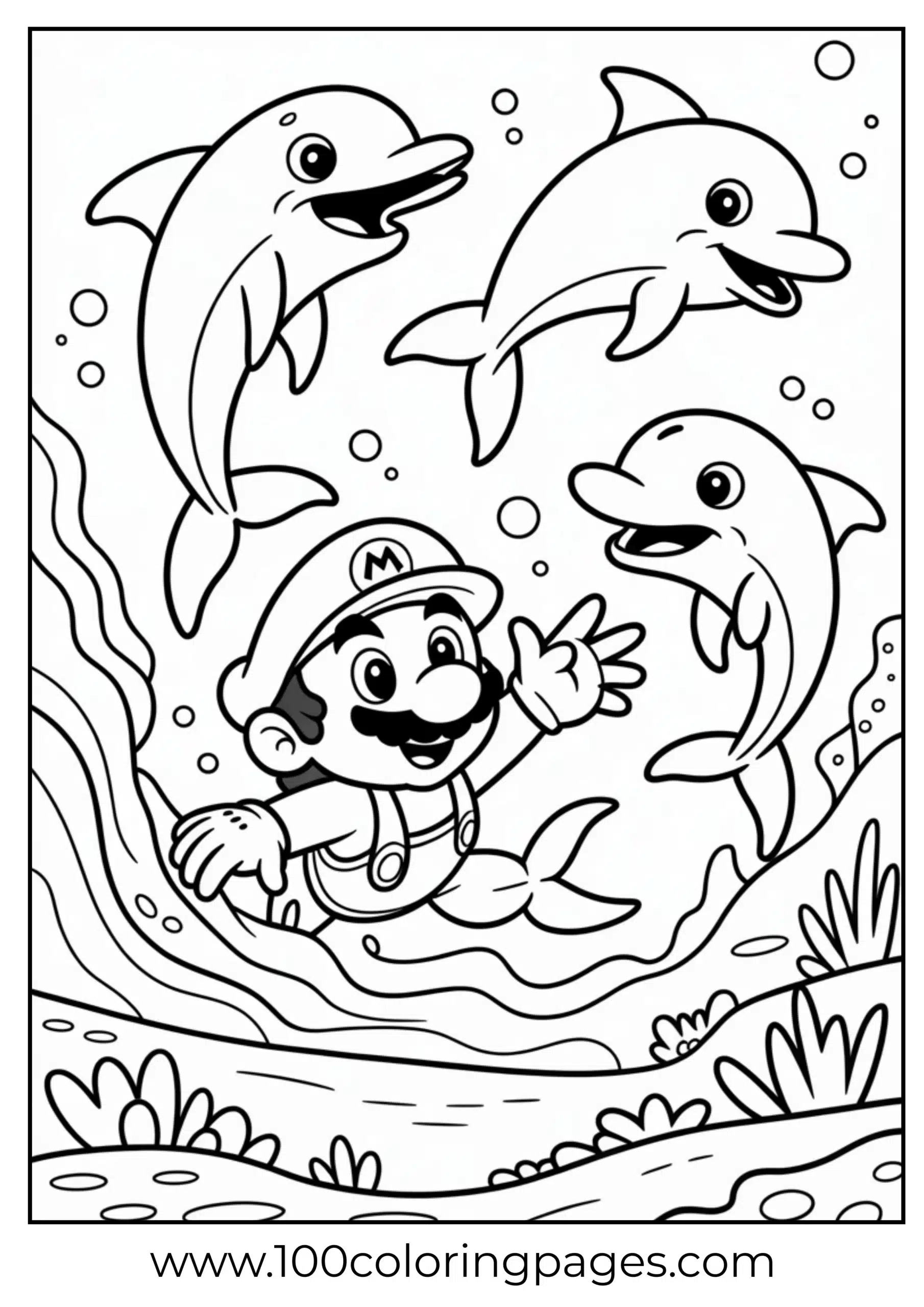 Mario swimming with dolphins in undersea cartoon art