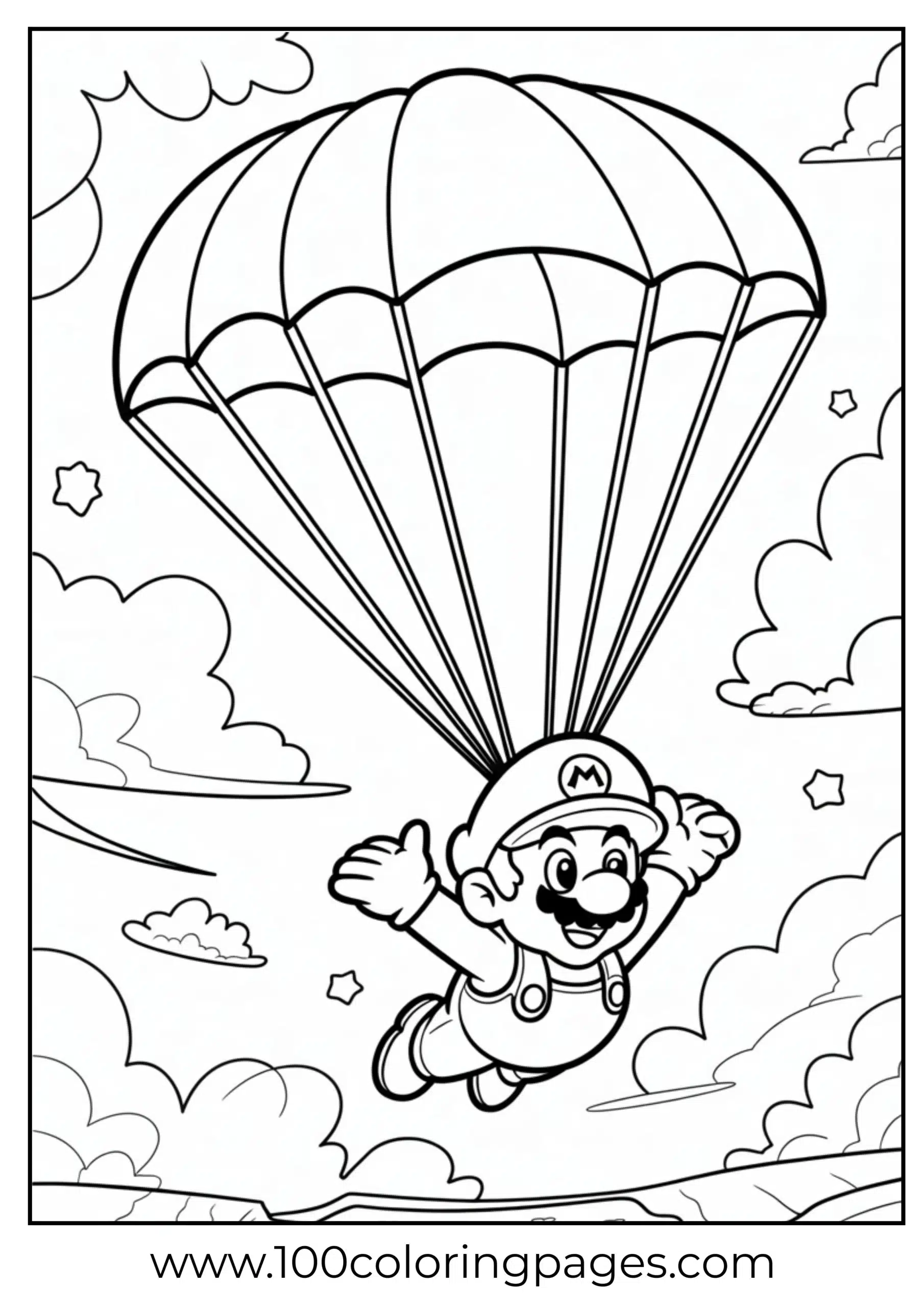 Mario floating gently using feather parachute in coloring form