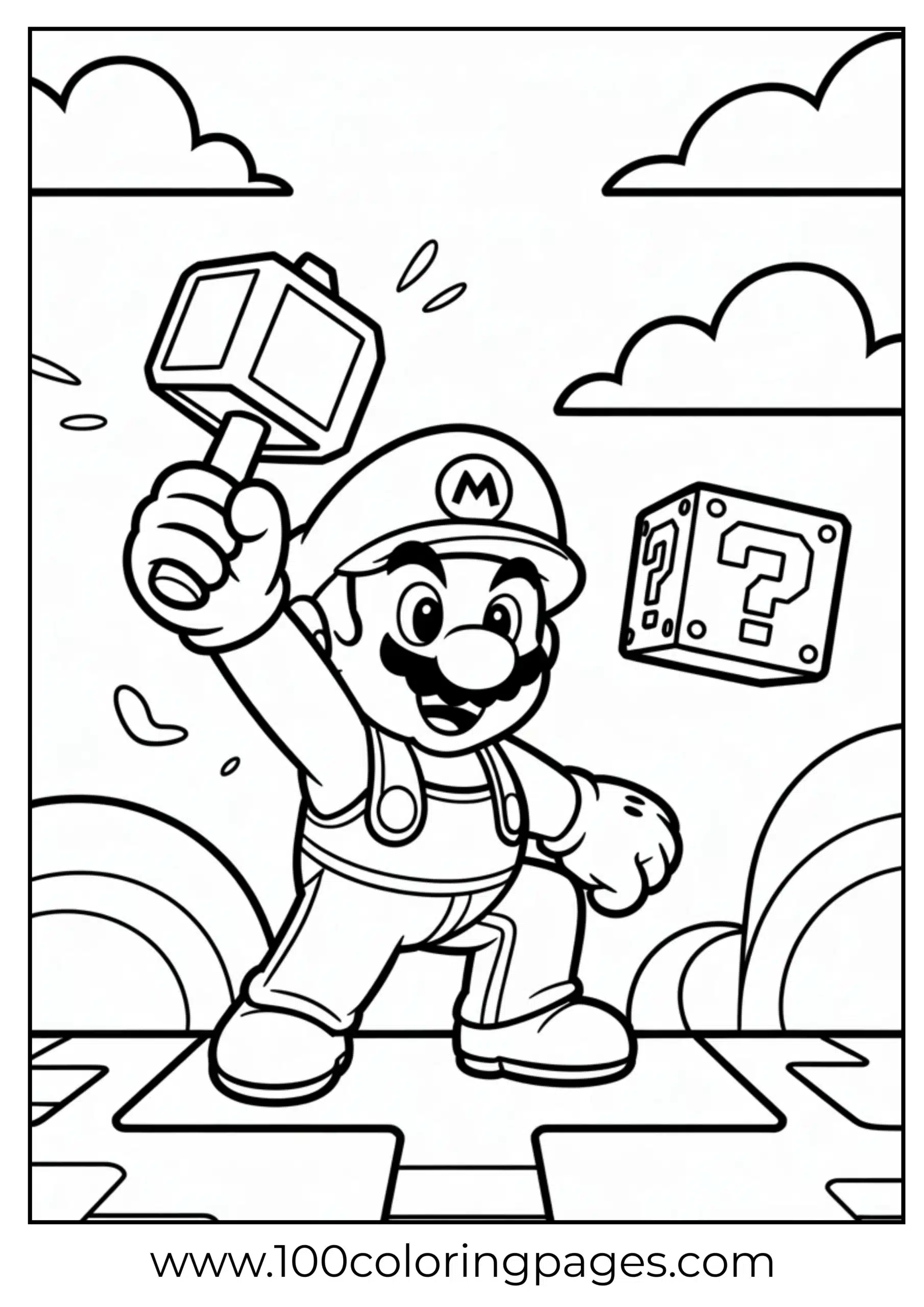 Mario lifting a hammer high in action pose