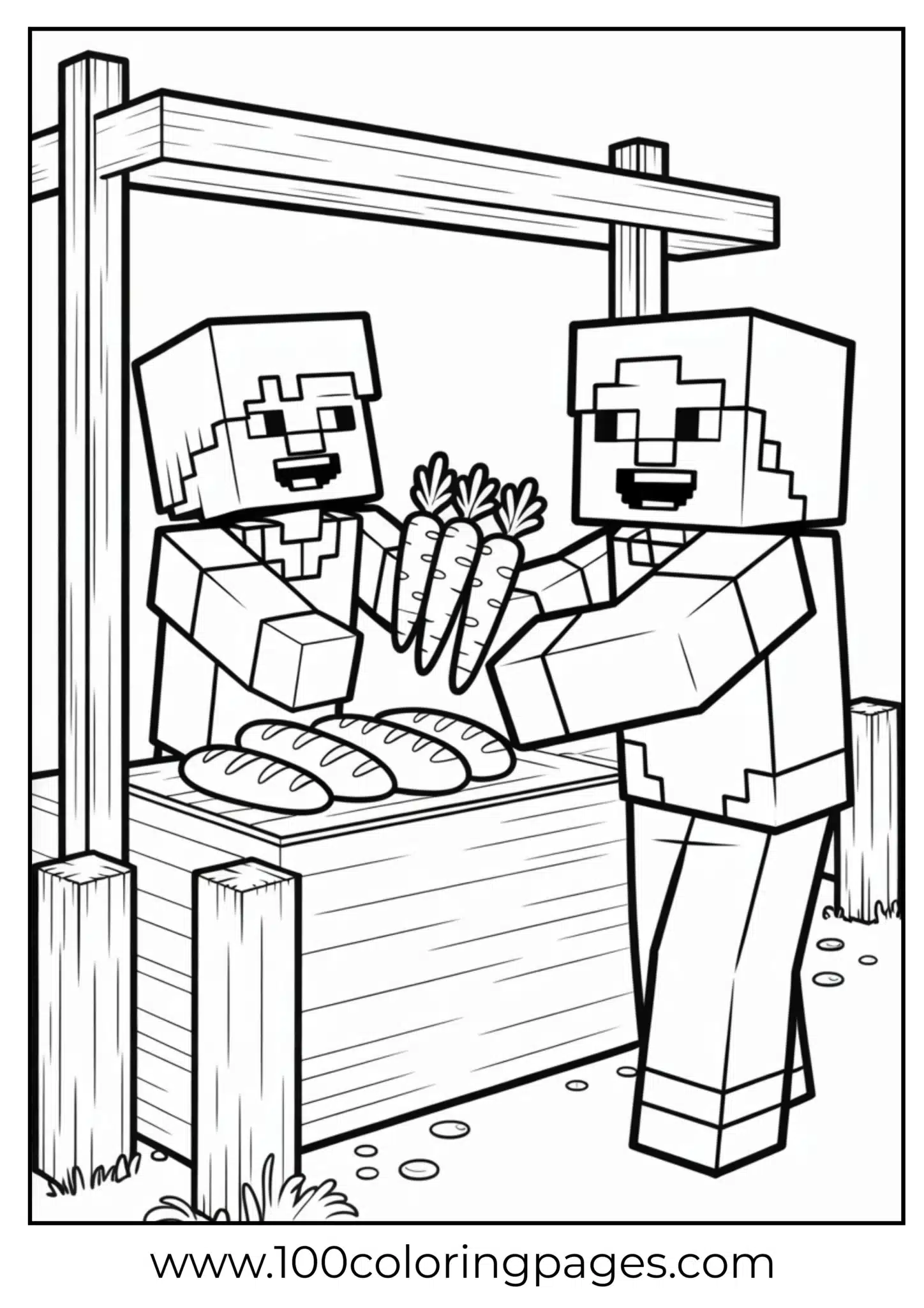Two block characters trading carrots and bread at a market stall
