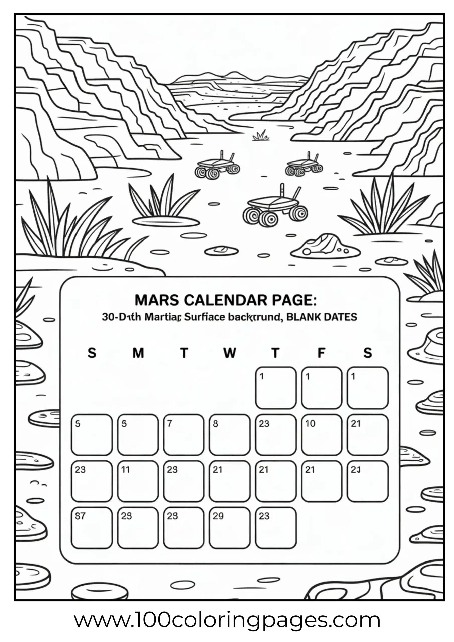 Mars-themed calendar coloring page