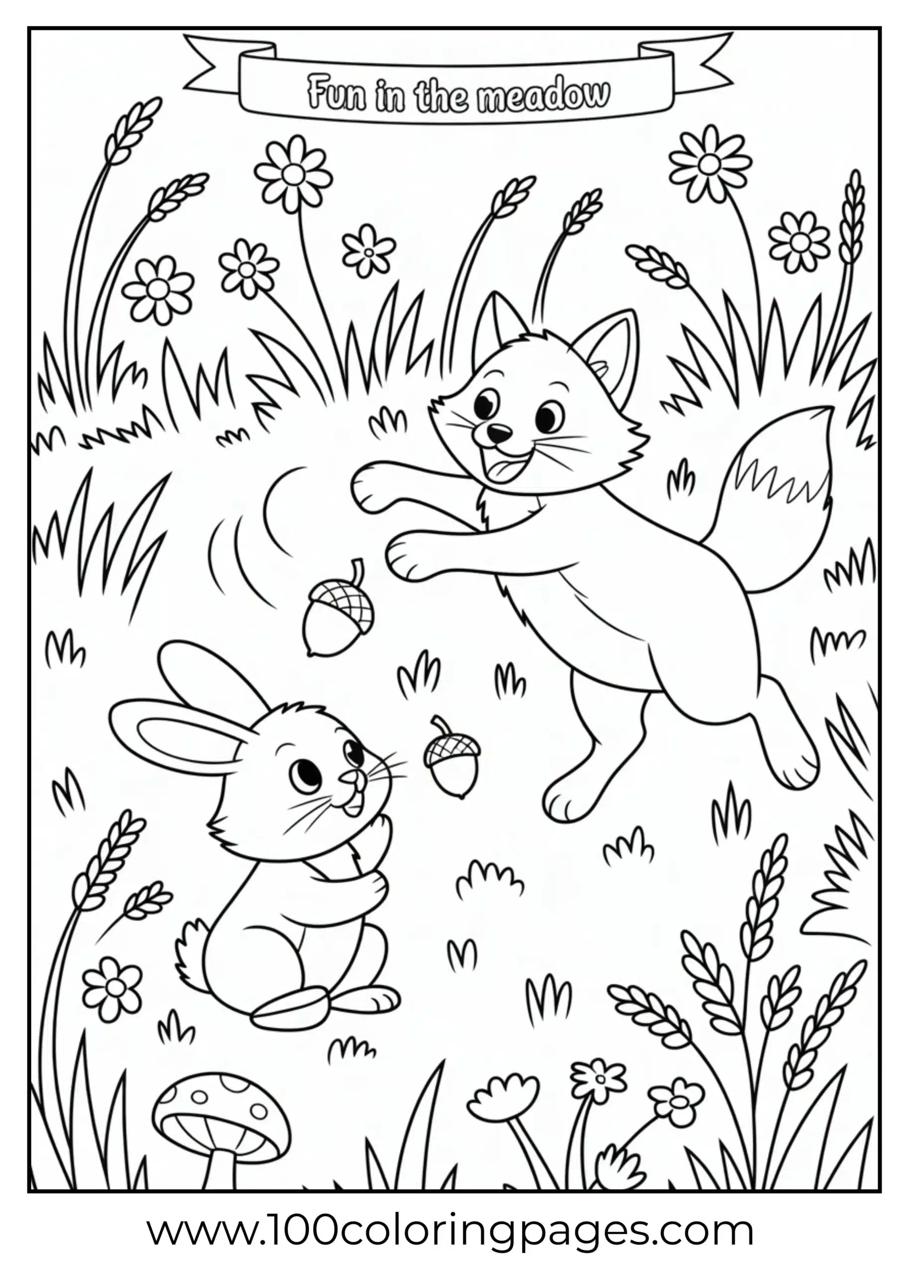 Fox and bunny tossing acorn in field