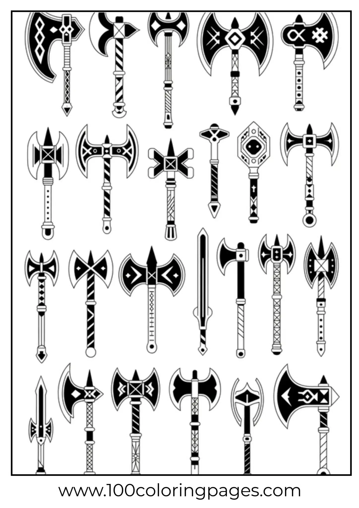 Variety of medieval axes and weapons to color