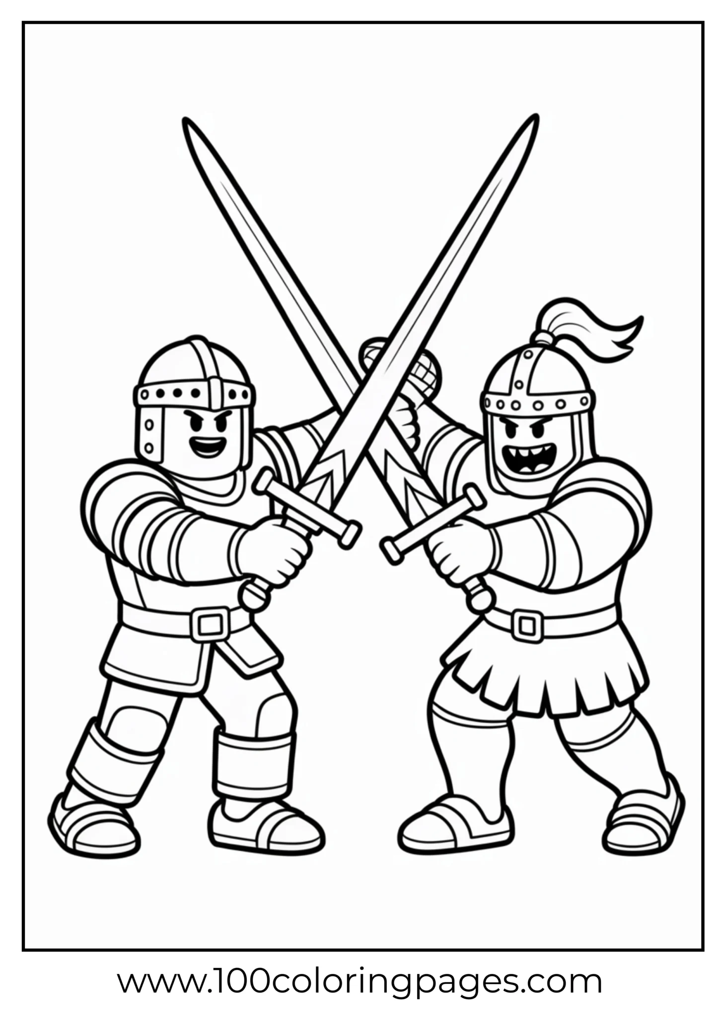Two cartoon medieval knights engaging in a sword duel