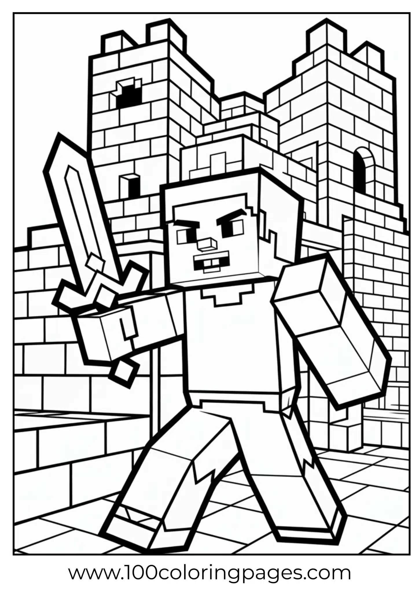 A medieval warrior with a sword in front of a castle