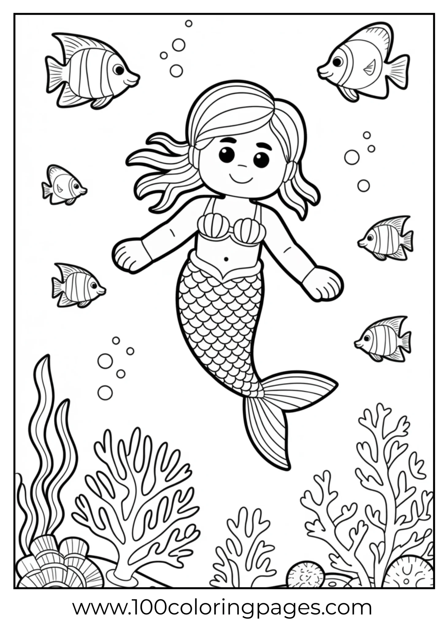 Mermaid surrounded by fish and coral underwater