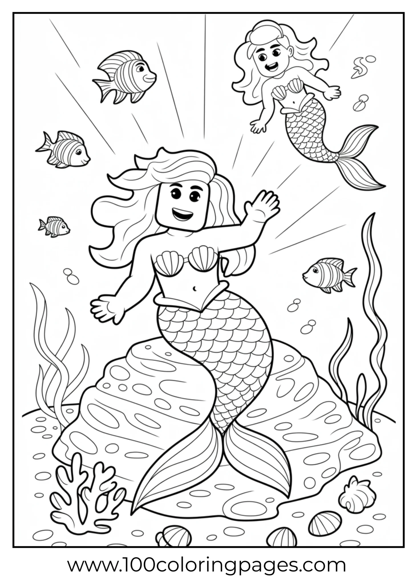 Two mermaids and fish in an underwater scene coloring page