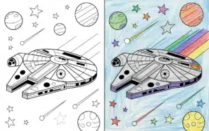 Millennium Falcon coloring pages featuring the iconic spaceship flying through a colorful galaxy