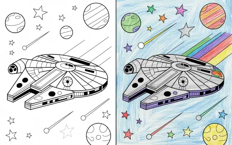 Millennium Falcon coloring pages featuring the iconic spaceship flying through a colorful galaxy