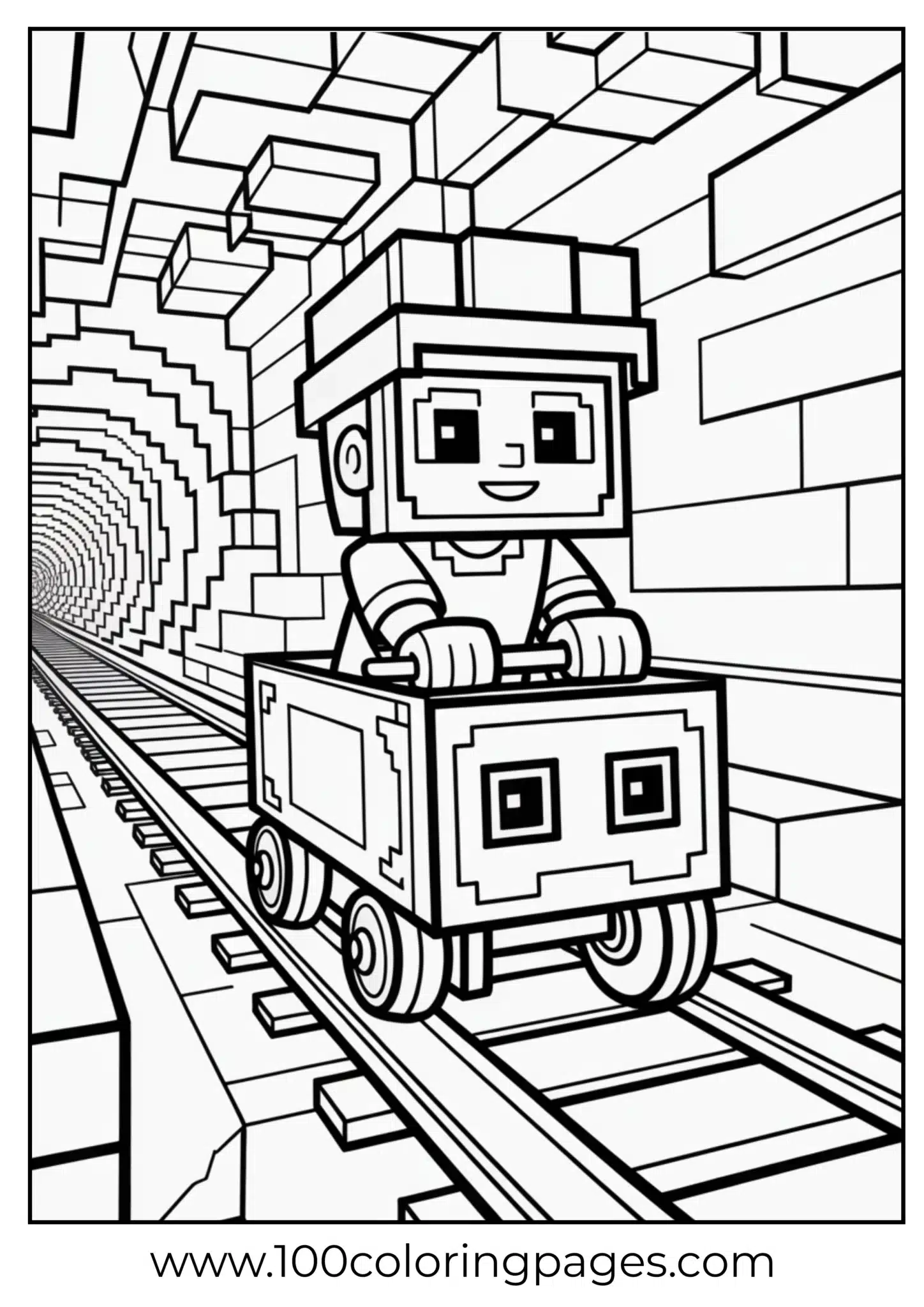 Cartoon character riding a minecart in a tunnel maze