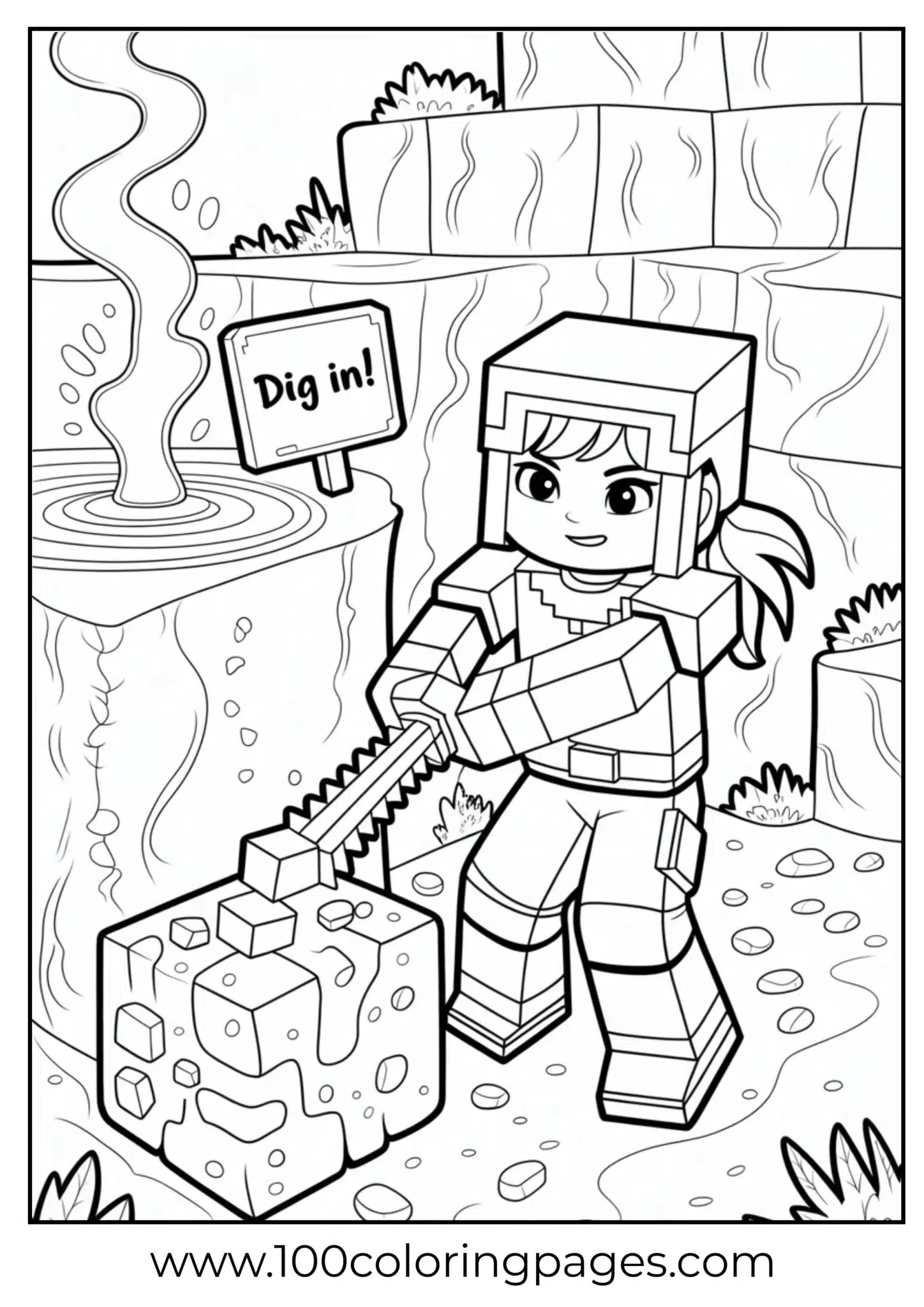 Minecraft character mining by lava falls coloring page