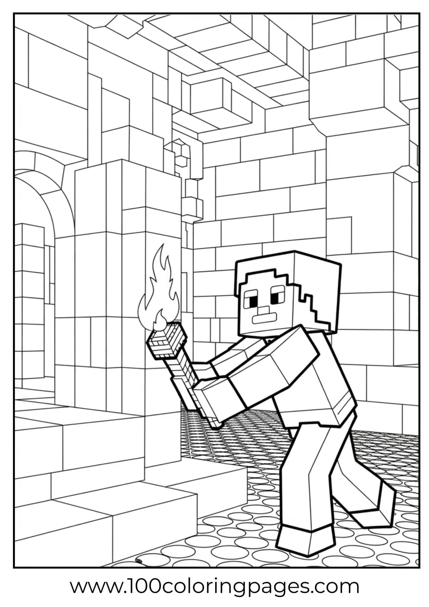 Minecraft character with torch in a castle maze