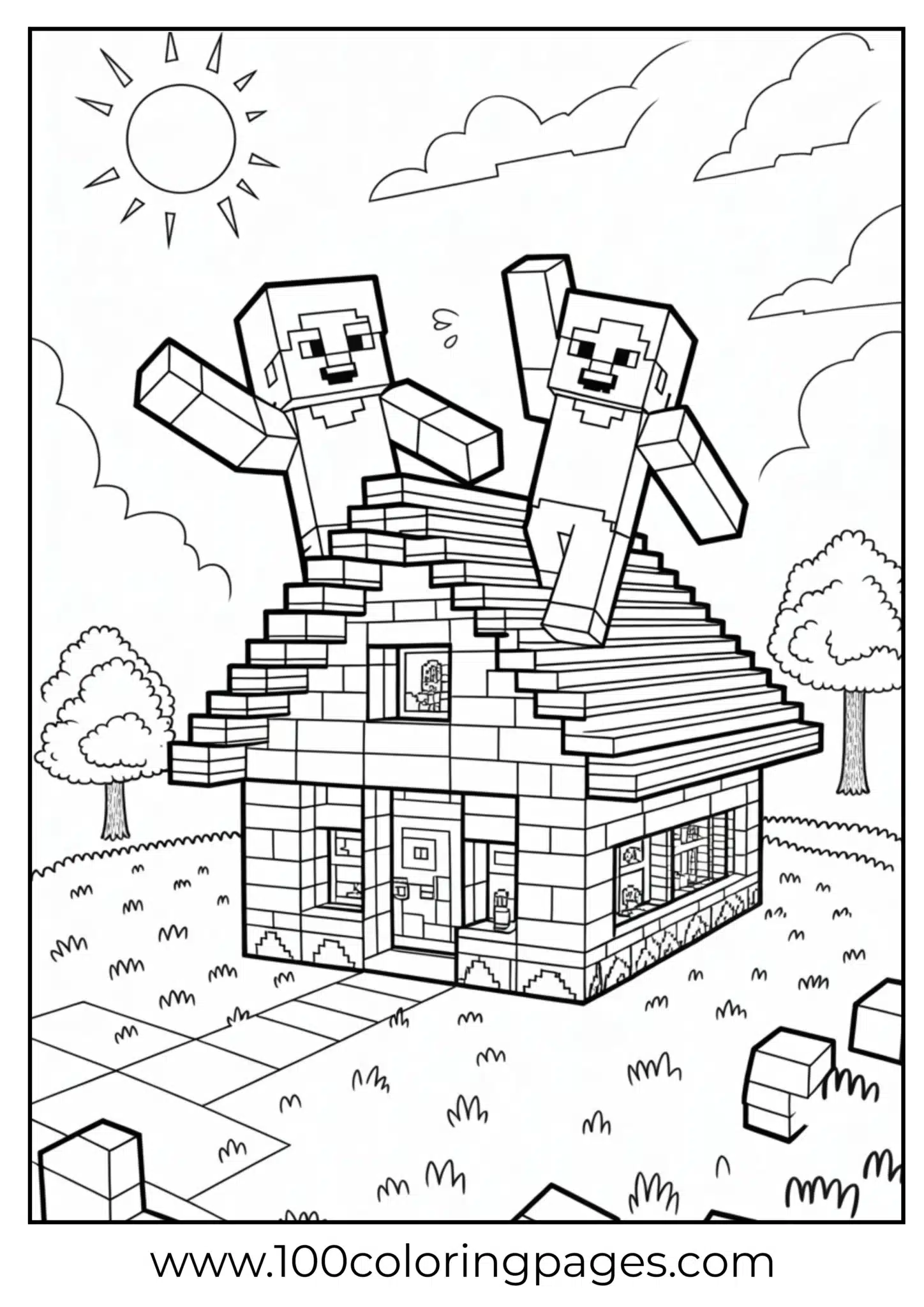 Minecraft characters joyfully hopping on a blocky roof