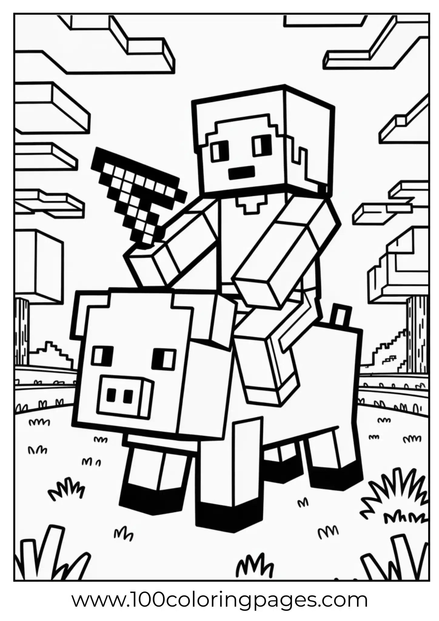 Minecraft character and pig in a blocky landscape