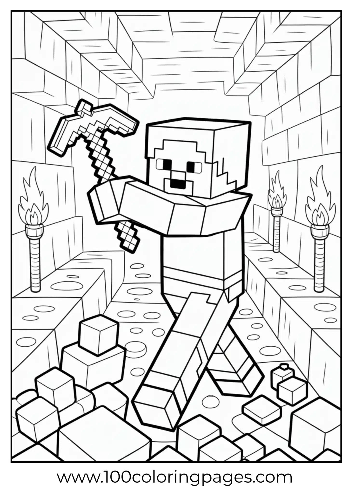 Minecraft character wielding a pickaxe in a dungeon