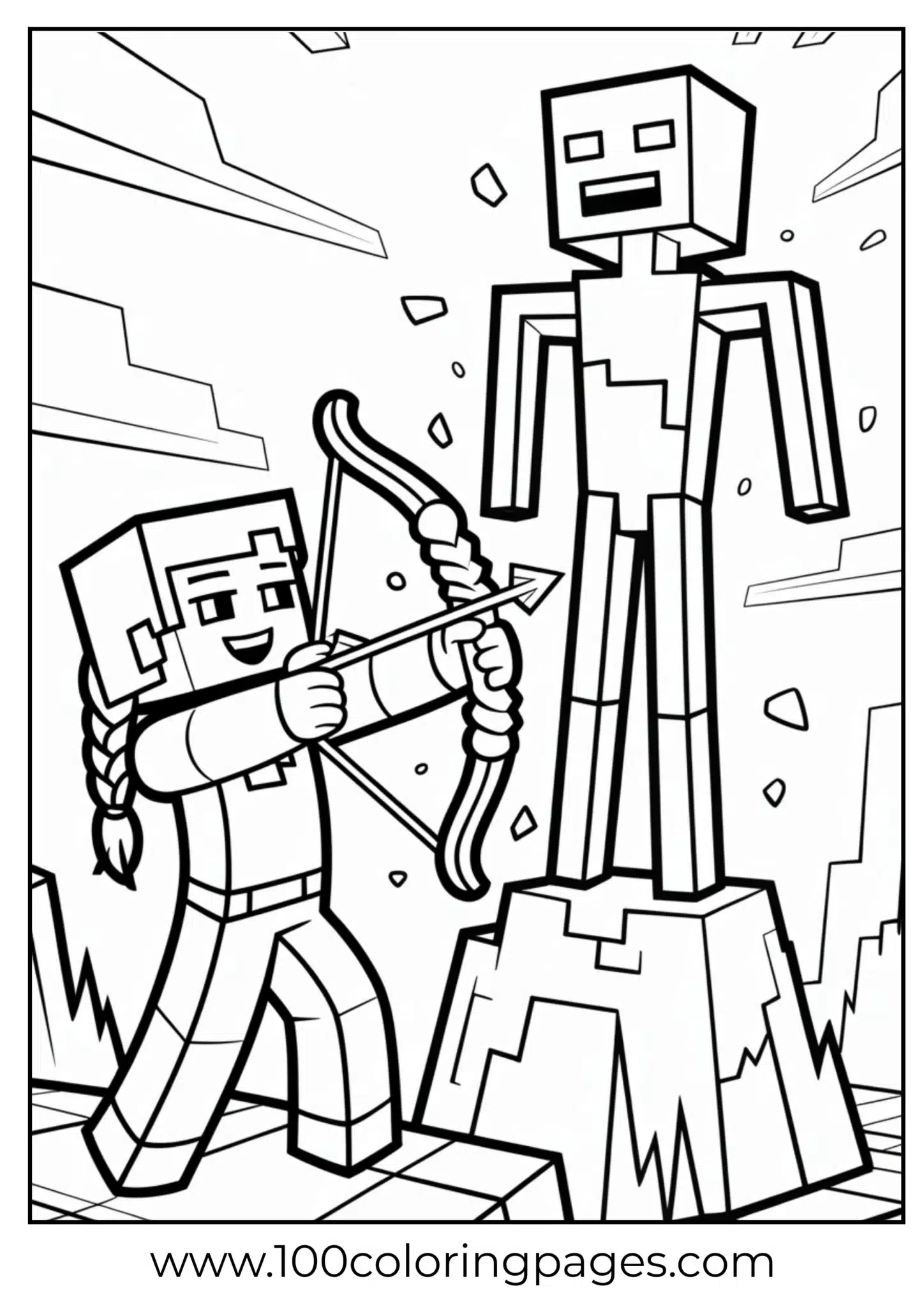 Minecraft character with bow and Iron Golem on a coloring page