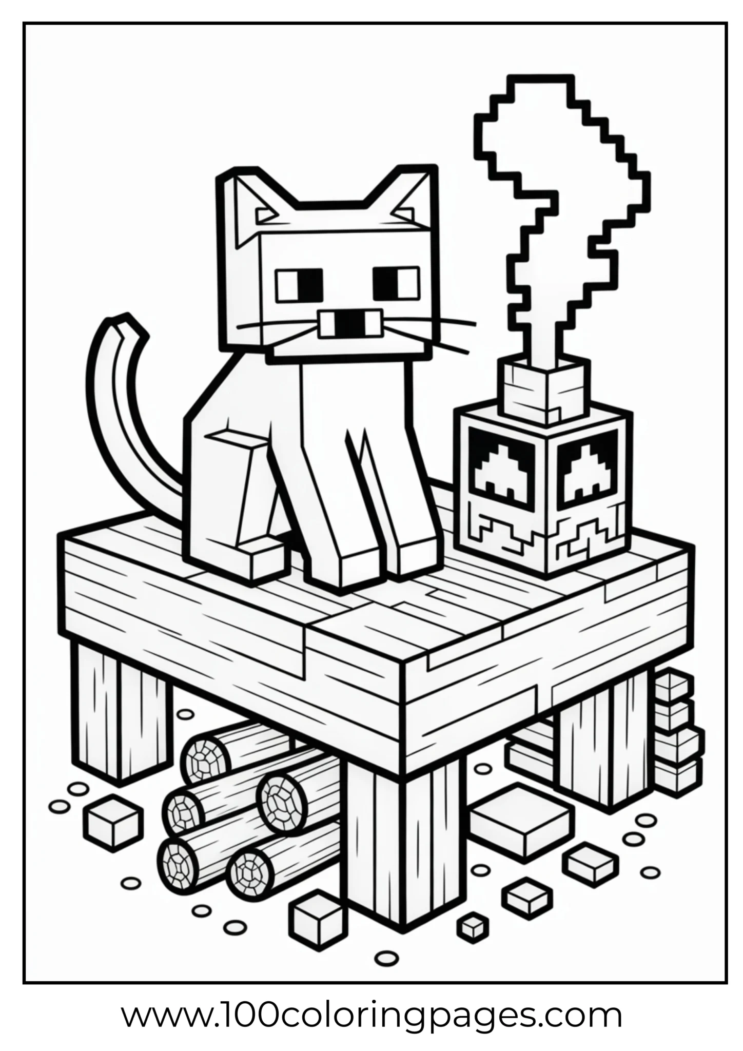 Minecraft style cat sitting on a TNT stack coloring page