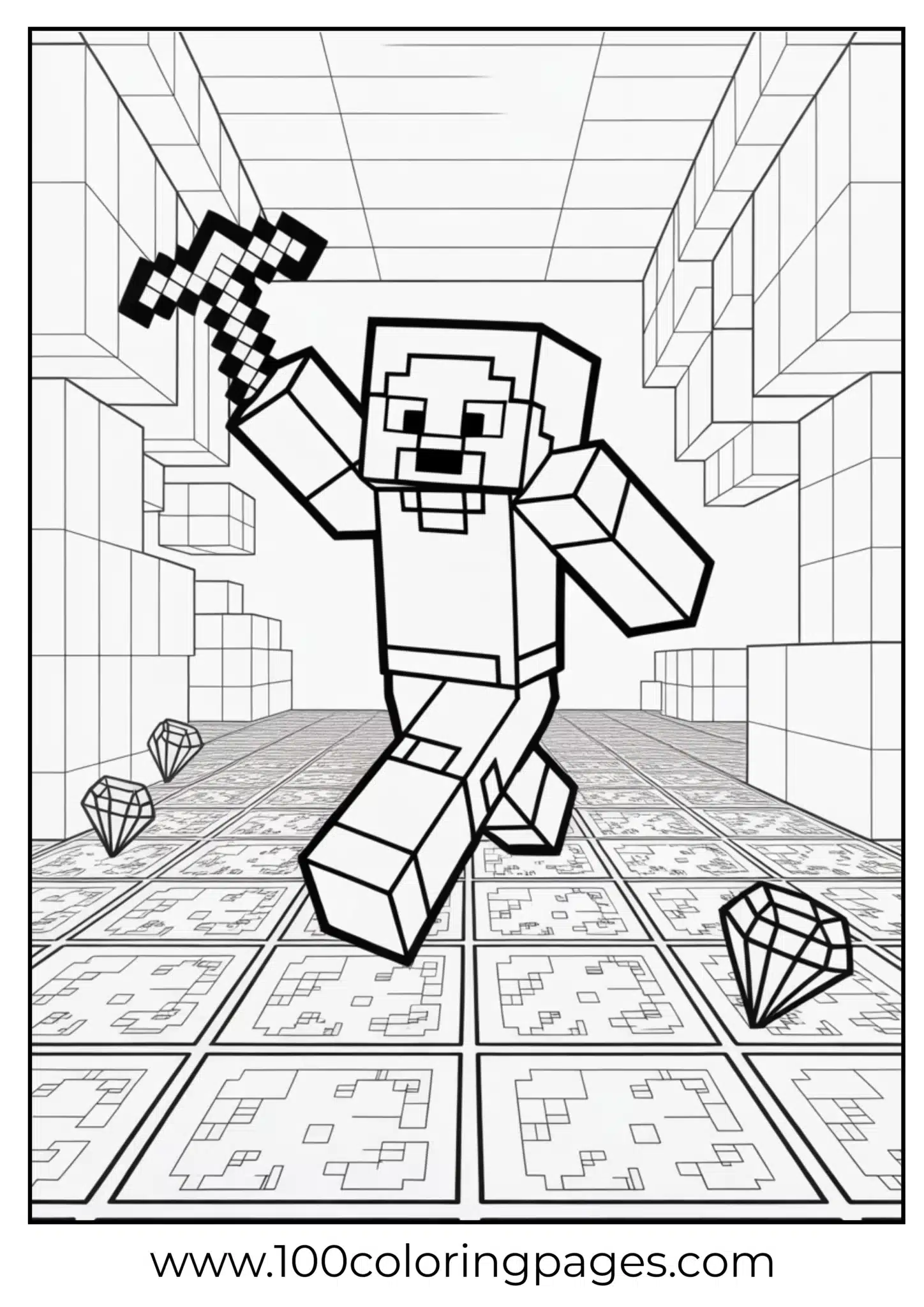 Minecraft character with a pickaxe in a blocky environment