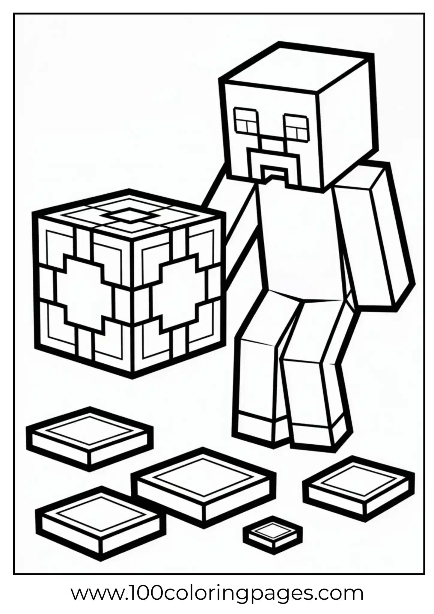 Minecraft character next to pixelated blocks coloring page