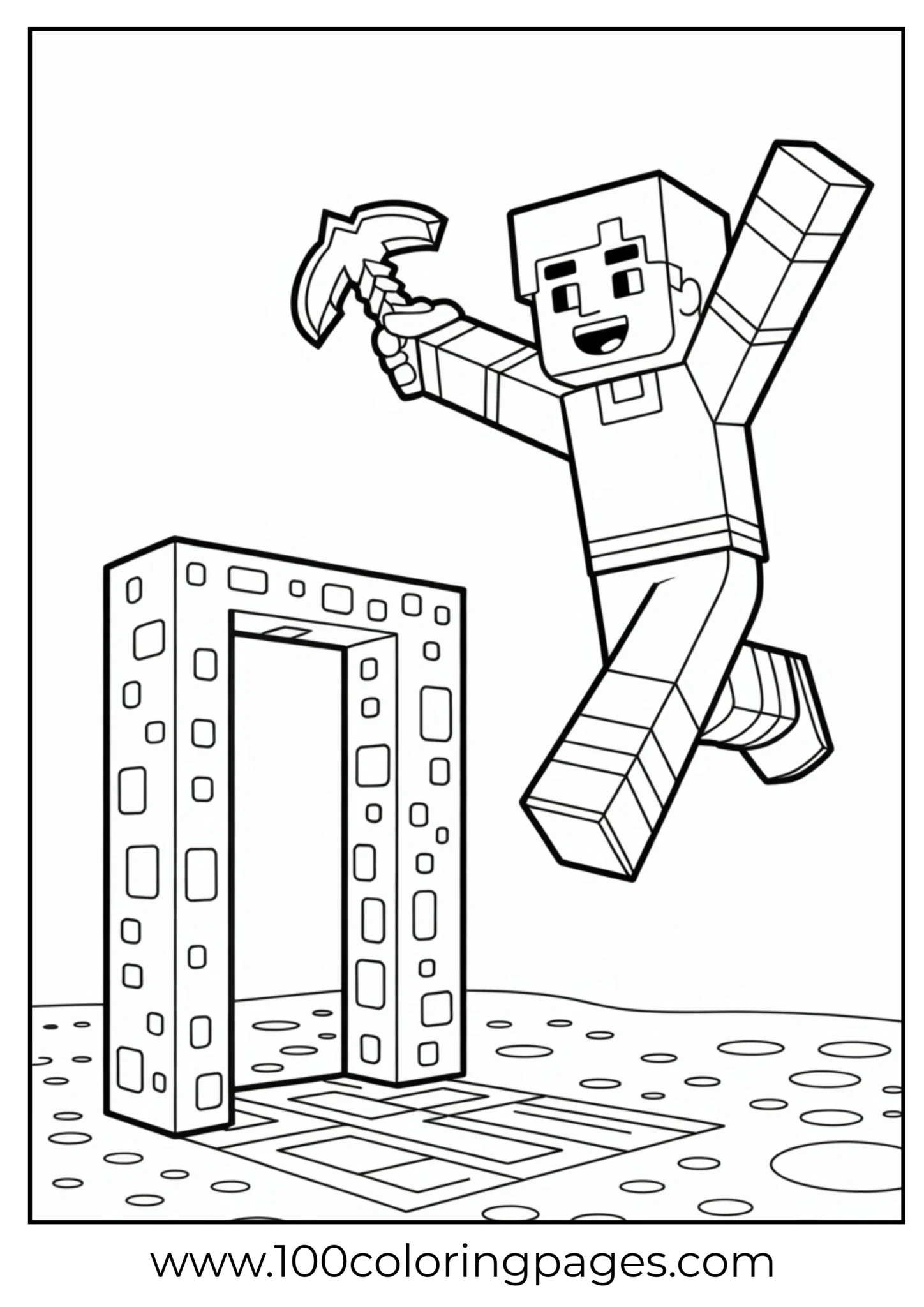 Minecraft character jumping with a pickaxe near a portal
