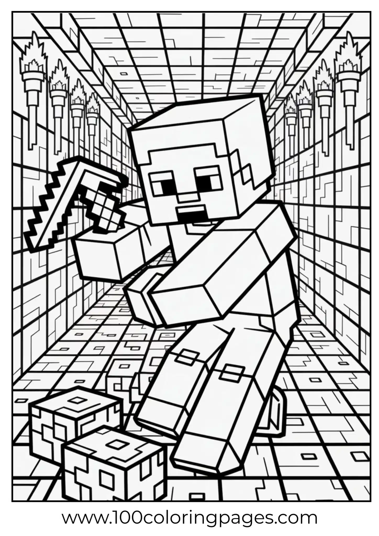 Minecraft character holding a sword in a dungeon