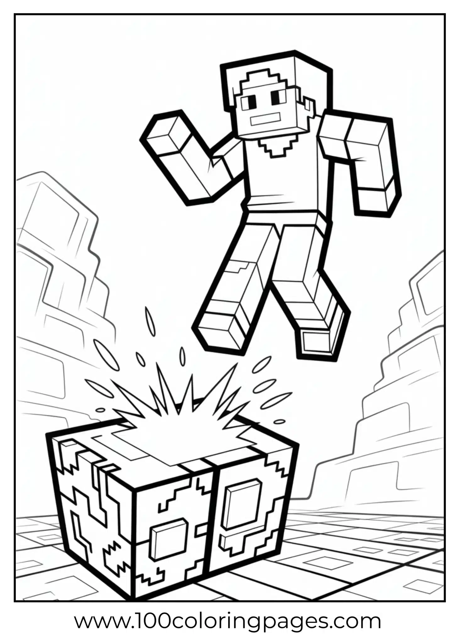 Minecraft style character jumping over a cube