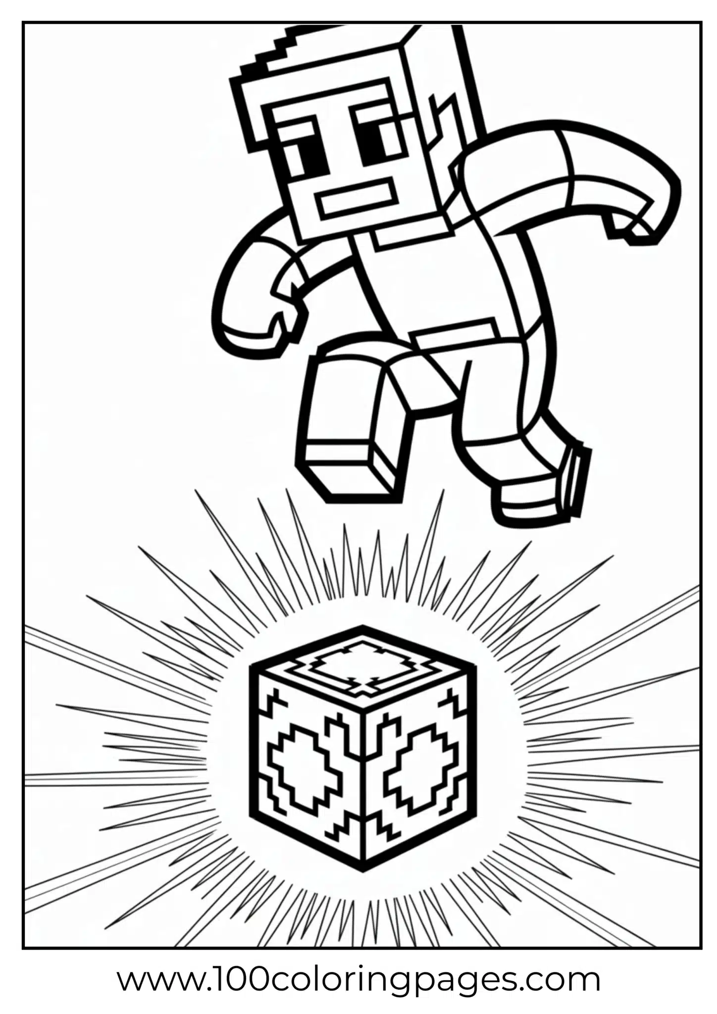 Minecraft character leaping above a glowing cube
