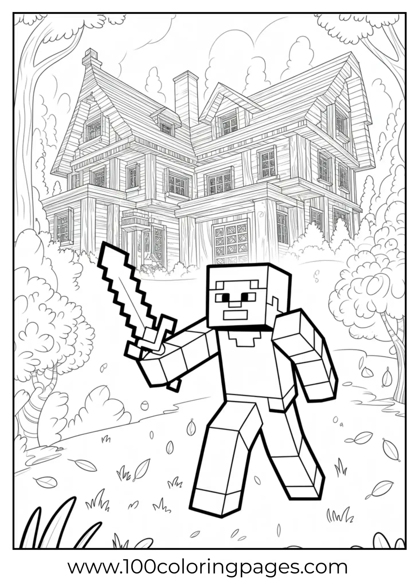 Minecraft character wielding a sword in front of a house