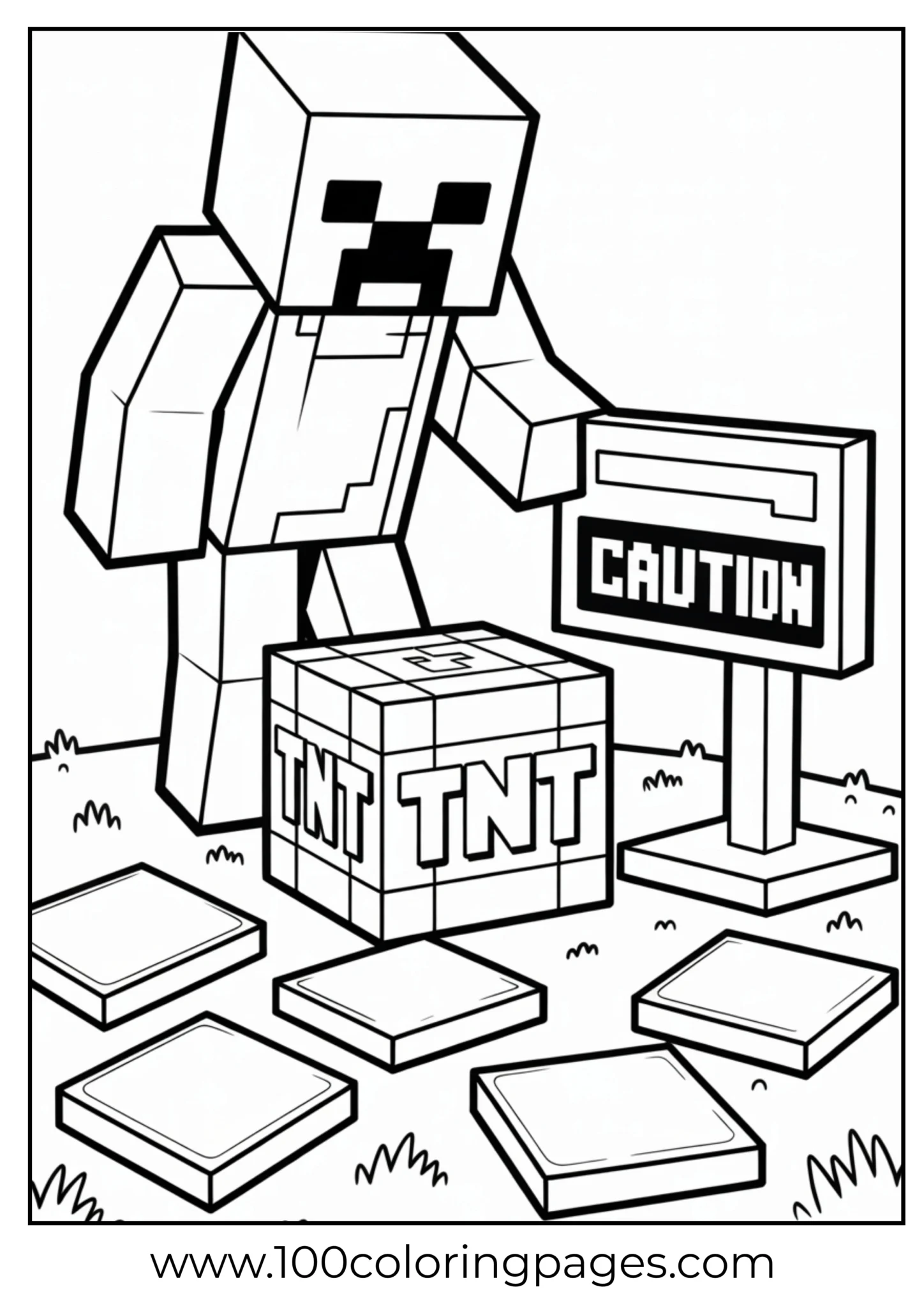 Minecraft character standing beside TNT blocks and a caution sign