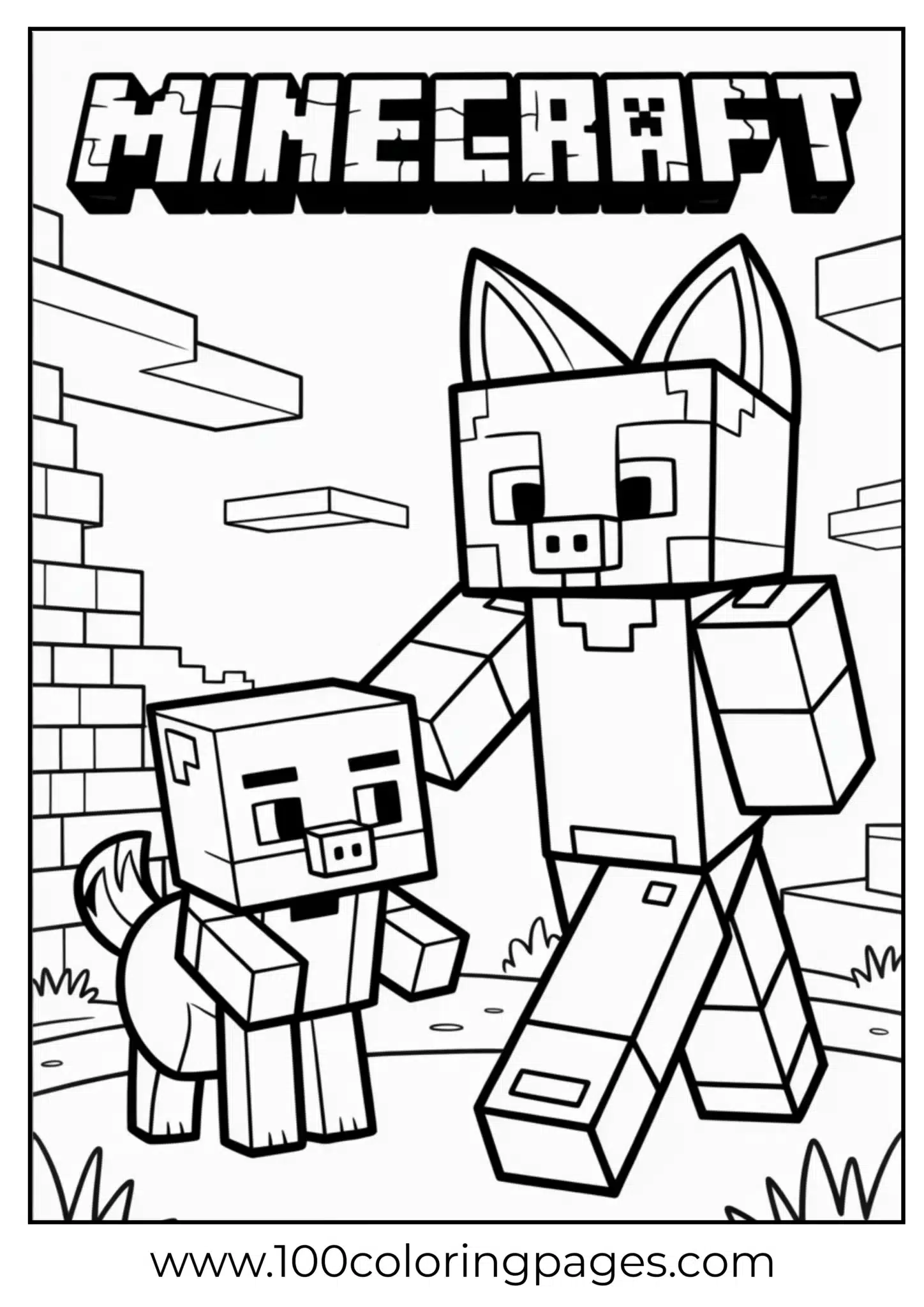 Minecraft pig and character in a printable coloring page