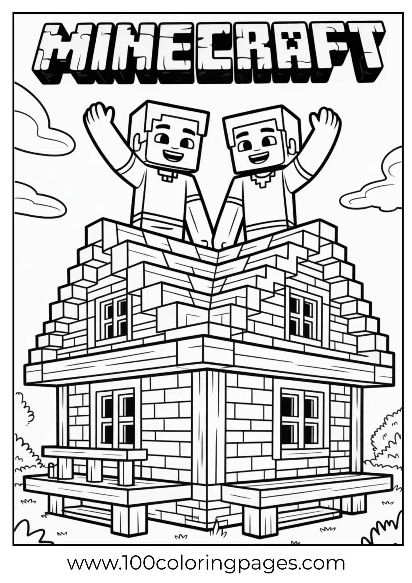 Two Minecraft characters waving on top of a house