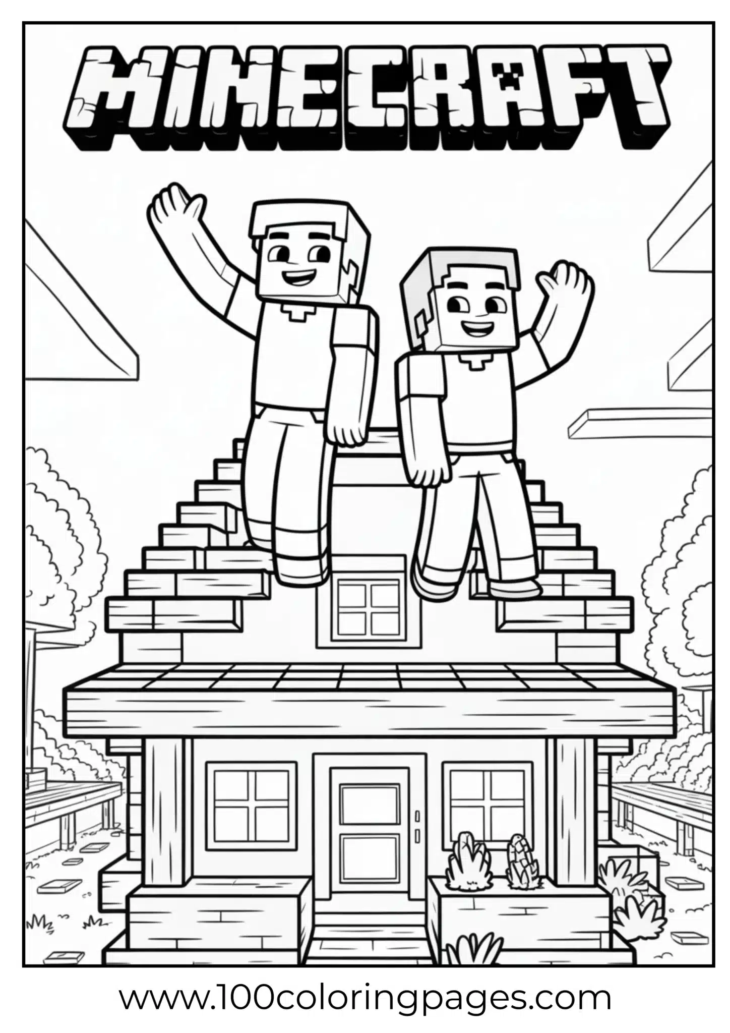 Two Minecraft characters waving from house steps