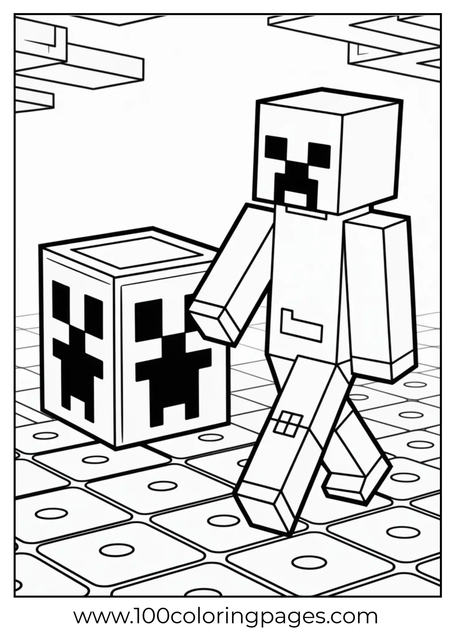 Minecraft character and creeper on a tiled floor