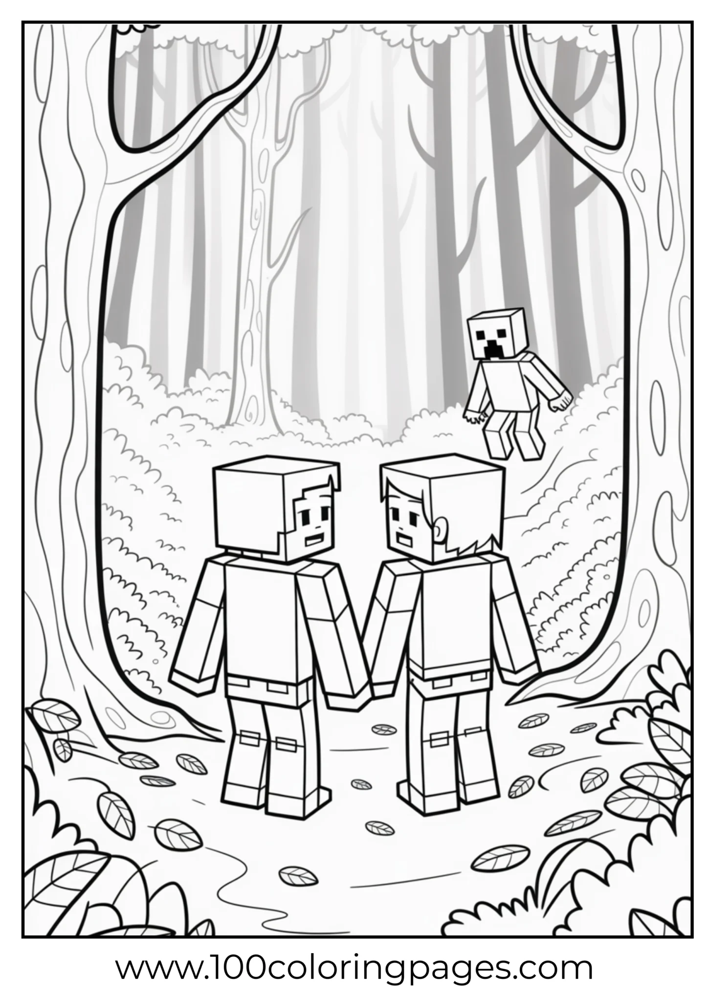 Two Minecraft characters holding hands in a forest