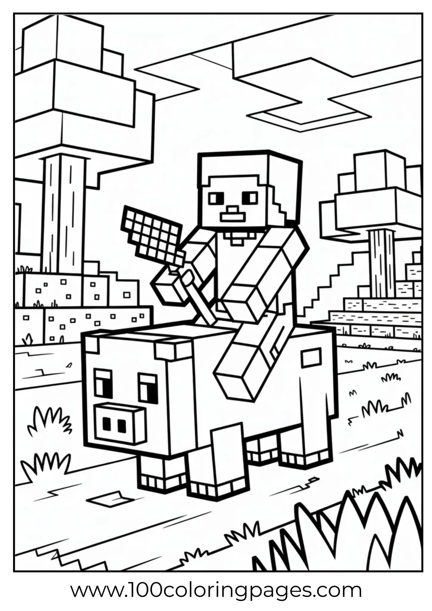 Minecraft knight riding a pig in a blocky landscape