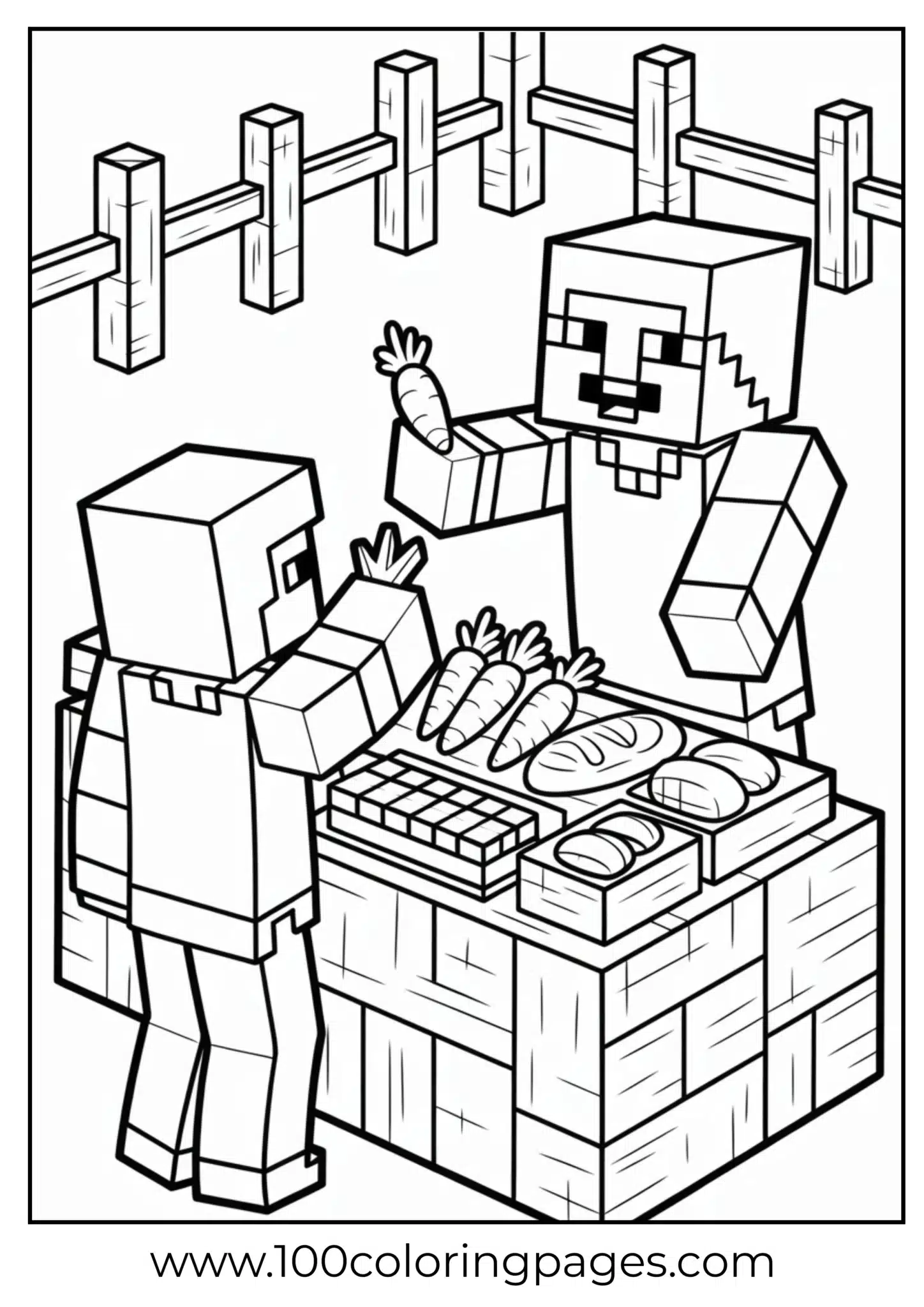 Minecraft characters trading goods at a market stall