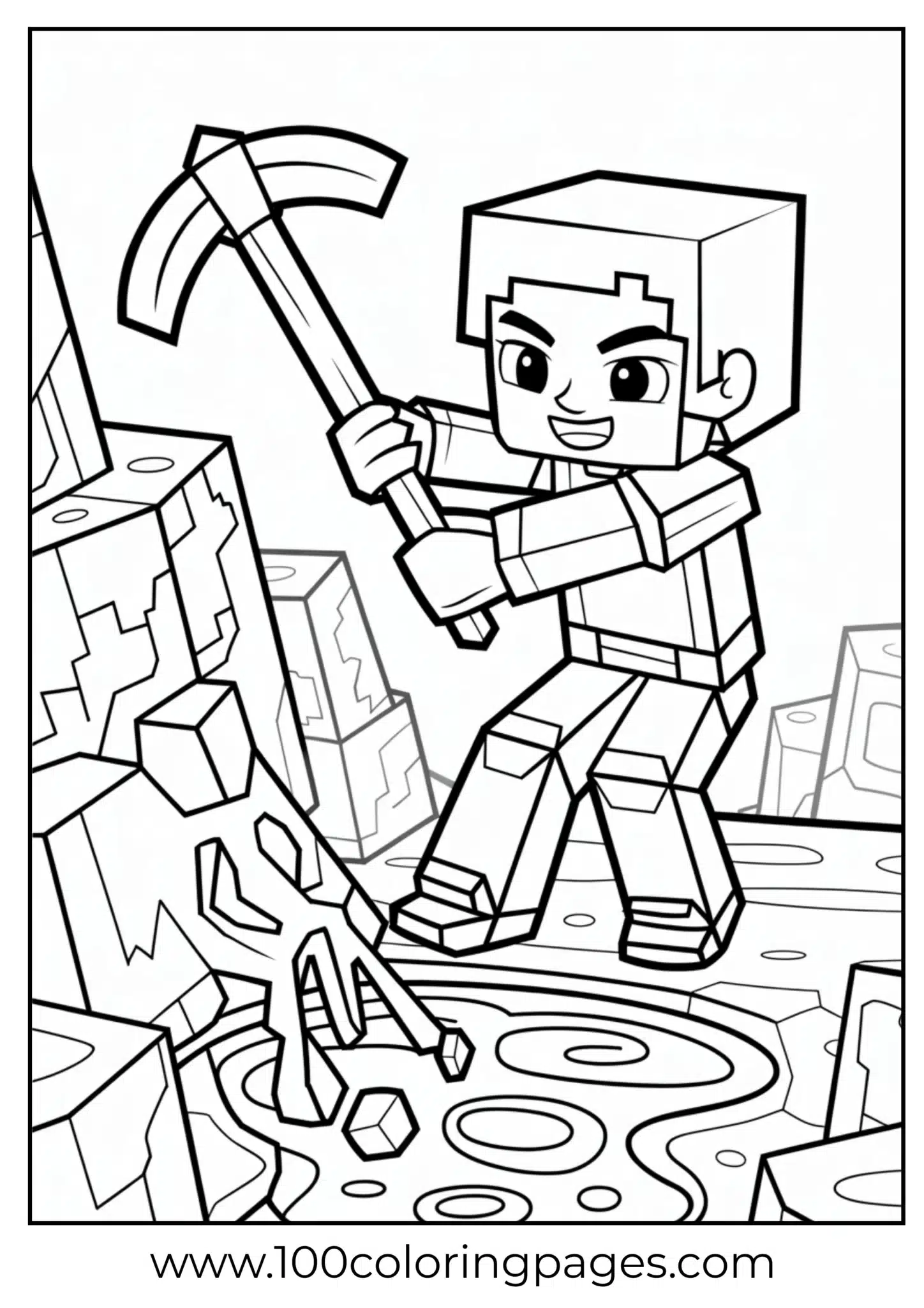Minecraft character mining with pixelated pickaxe