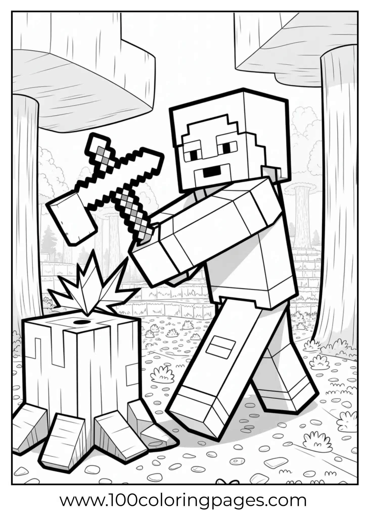 Minecraft character chopping wood with a pixelated axe