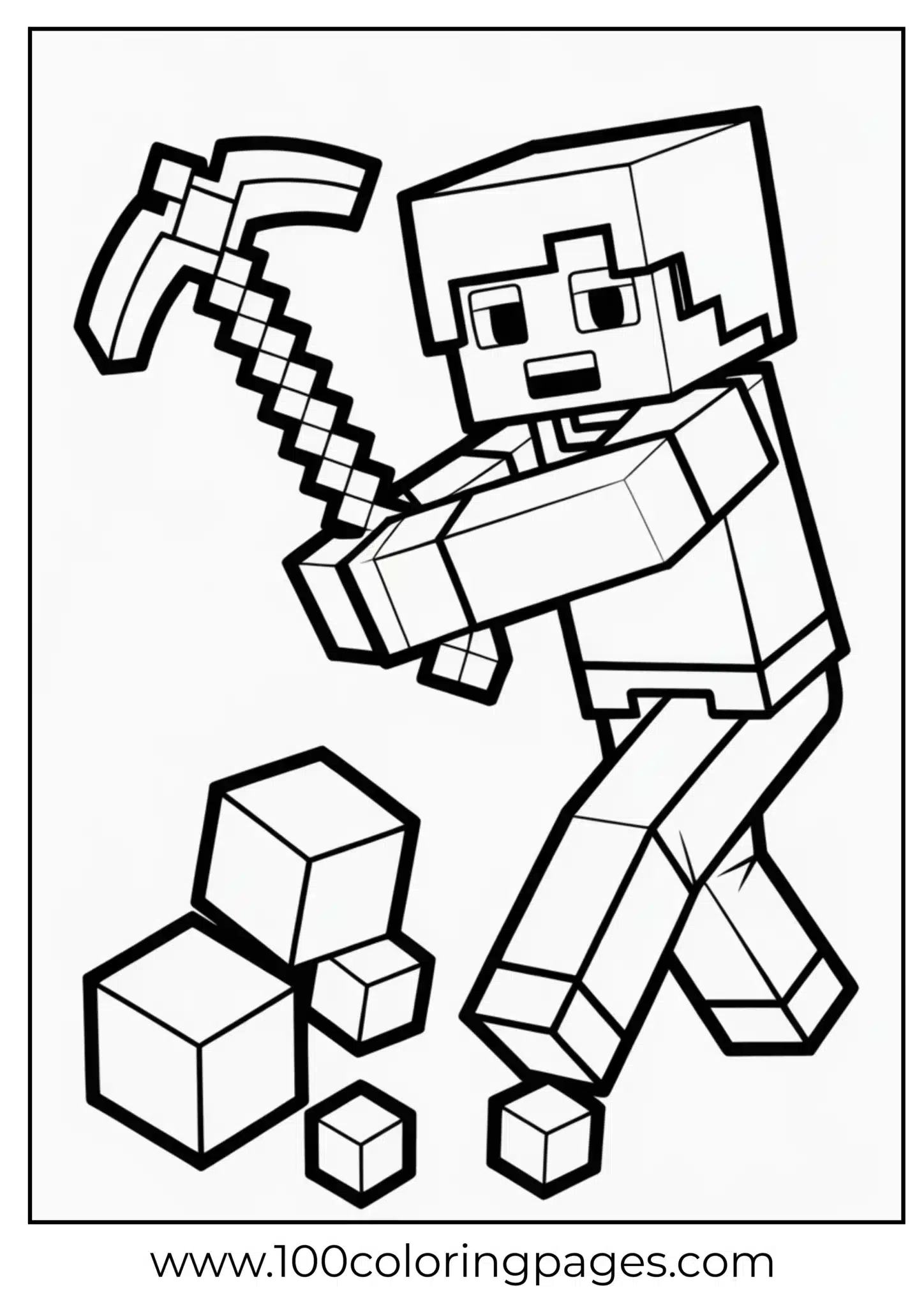 Minecraft character with pickaxe and blocks printable coloring page