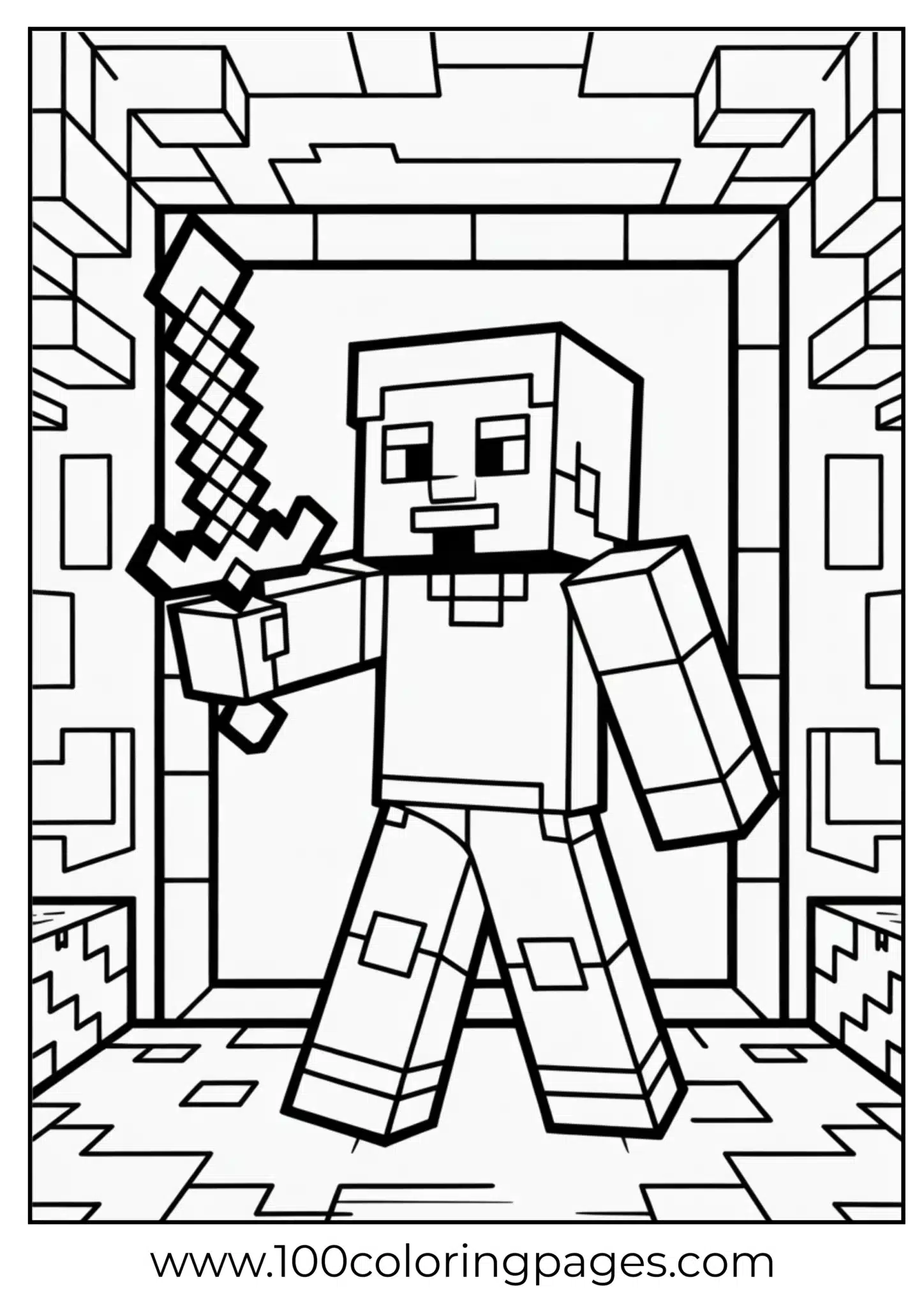 Minecraft character in maze with sword for coloring
