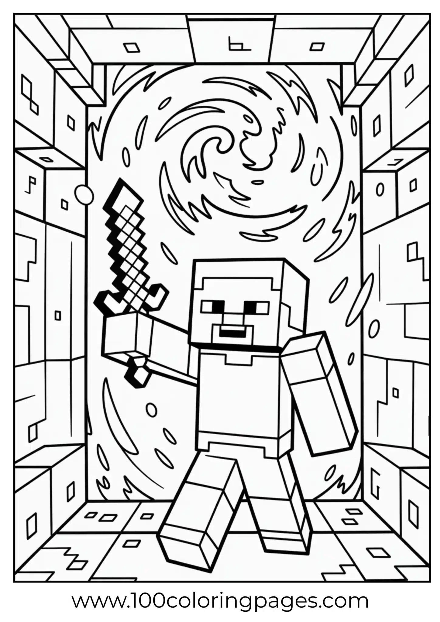 Minecraft character with sword in a swirl patterned city